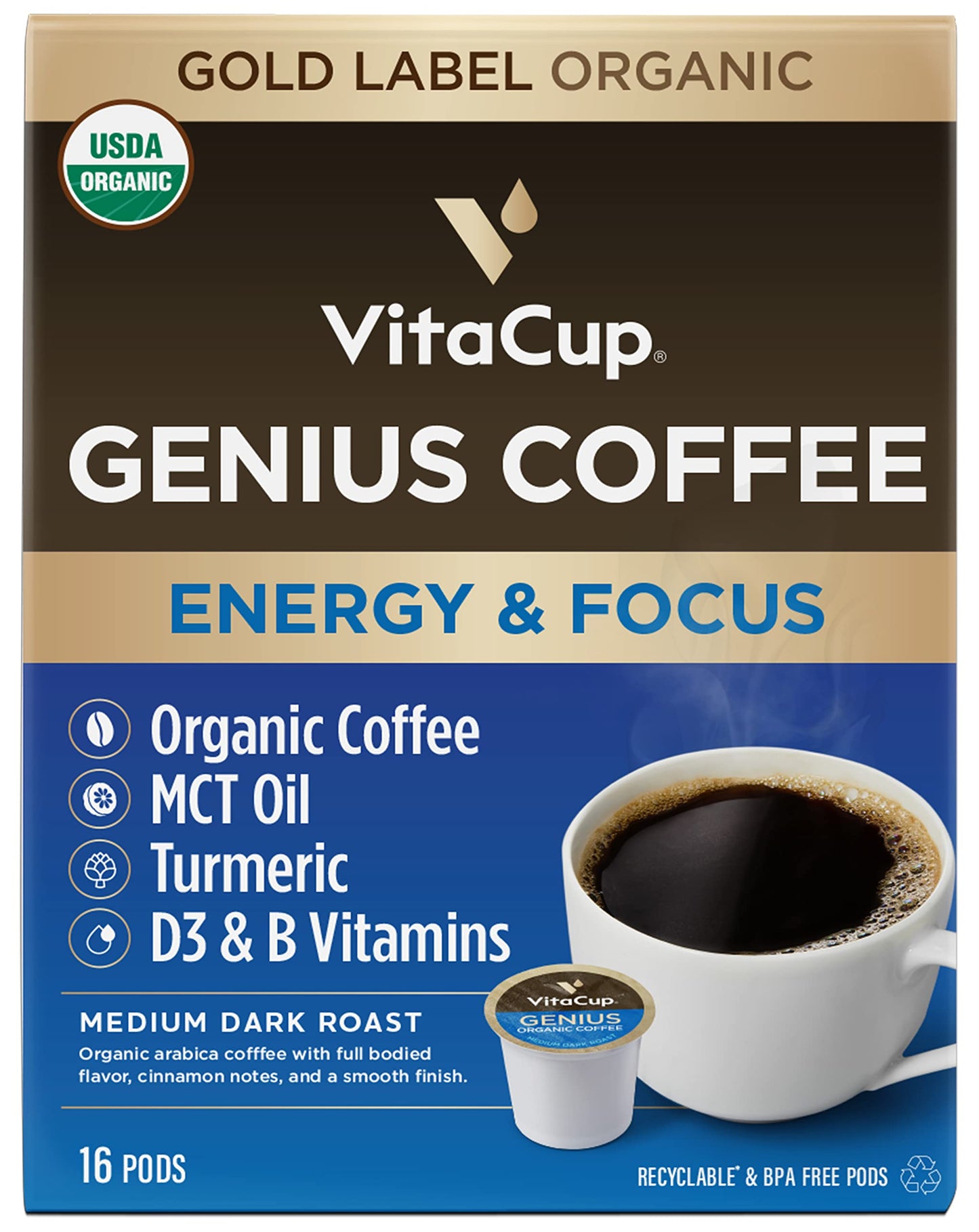 Vitacup Genius Gold & Focus Mushroom Coffee 32 Pod Bundle | Energy & Focus |Superfood & Vitamins Infused | Variety Pack of (2) 16 Count Single Serve Recyclable Pods Compatible with K-Cup Brewers