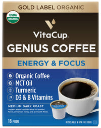 VitaCup Perfect Low Acid Coffee Pods, USDA Organic & Fair Trade, Mycotoxin Free, Dark Roast,16 CT | VitaCup Genius Organic Coffee Pods, Infused with MCT Oil, Turmeric, & B Vitamins, 16 CT