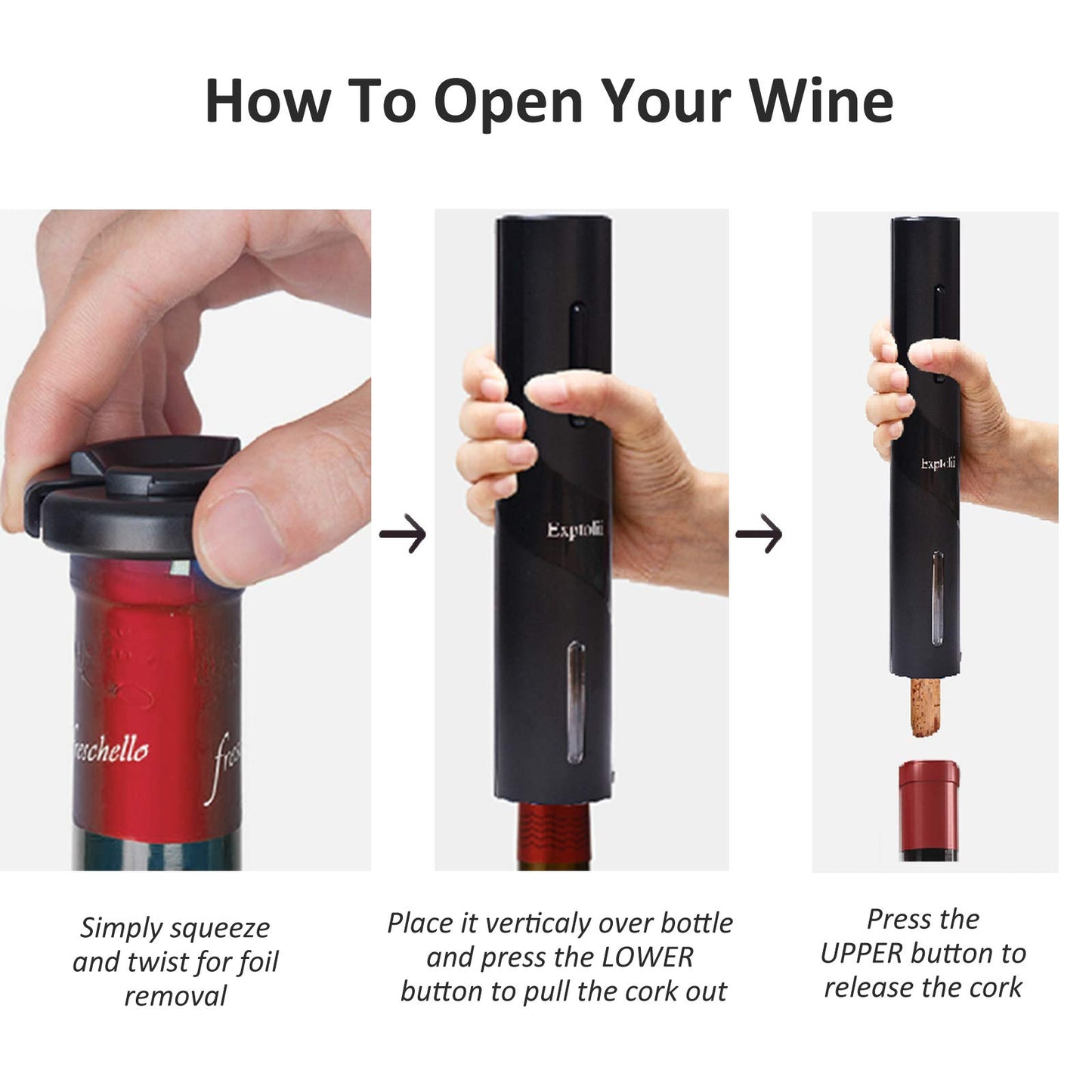 Exptolii Electric Wine Opener, Automatic Bottle Corkscrew with Foil Cutter, Vacuum Stopper and Wine Aerator Pourer