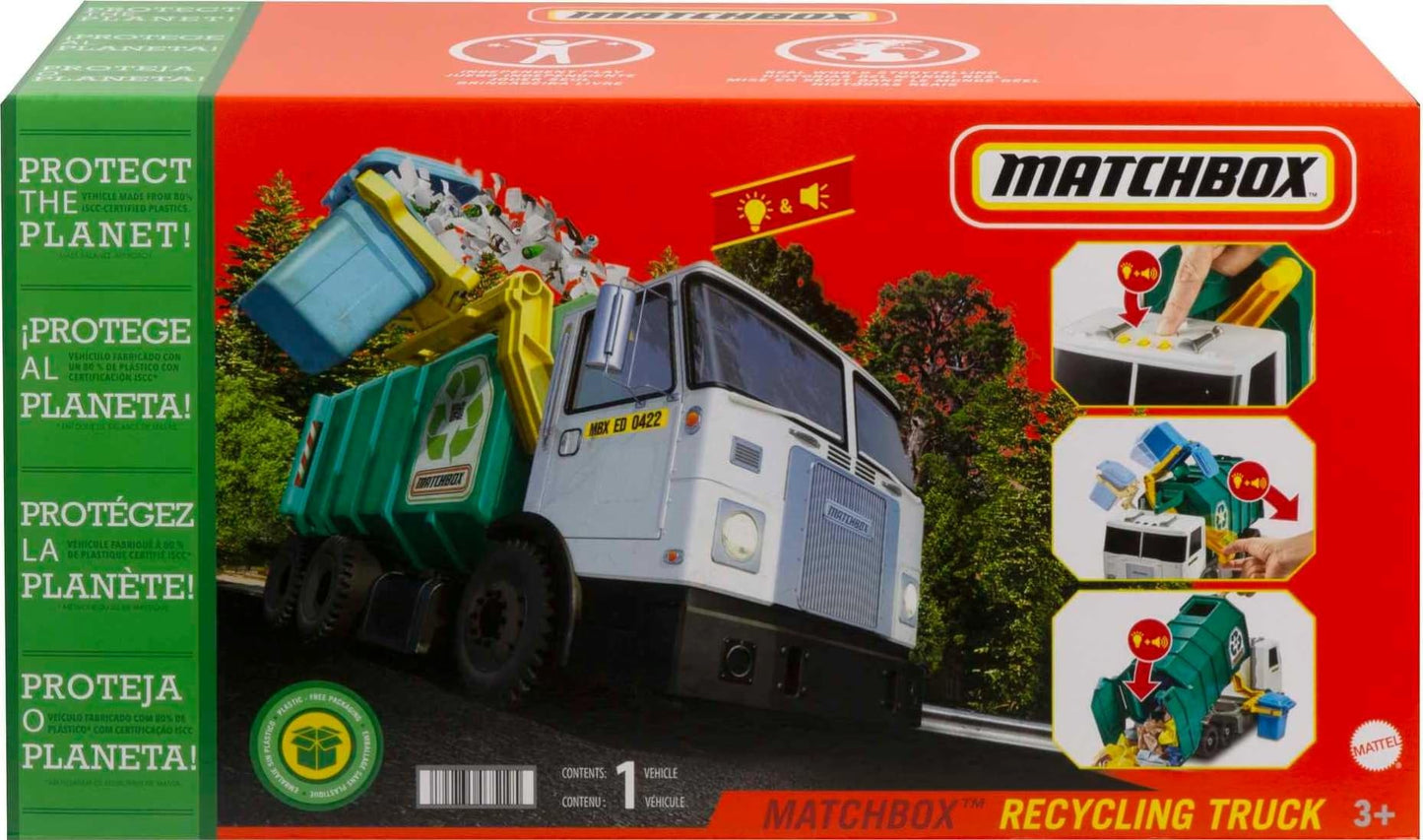 Matchbox Cars, 15-Inch Toy Recycling Garbage Truck with Lights and Sounds, Green Toy for Kids (Amazon Exclusive)