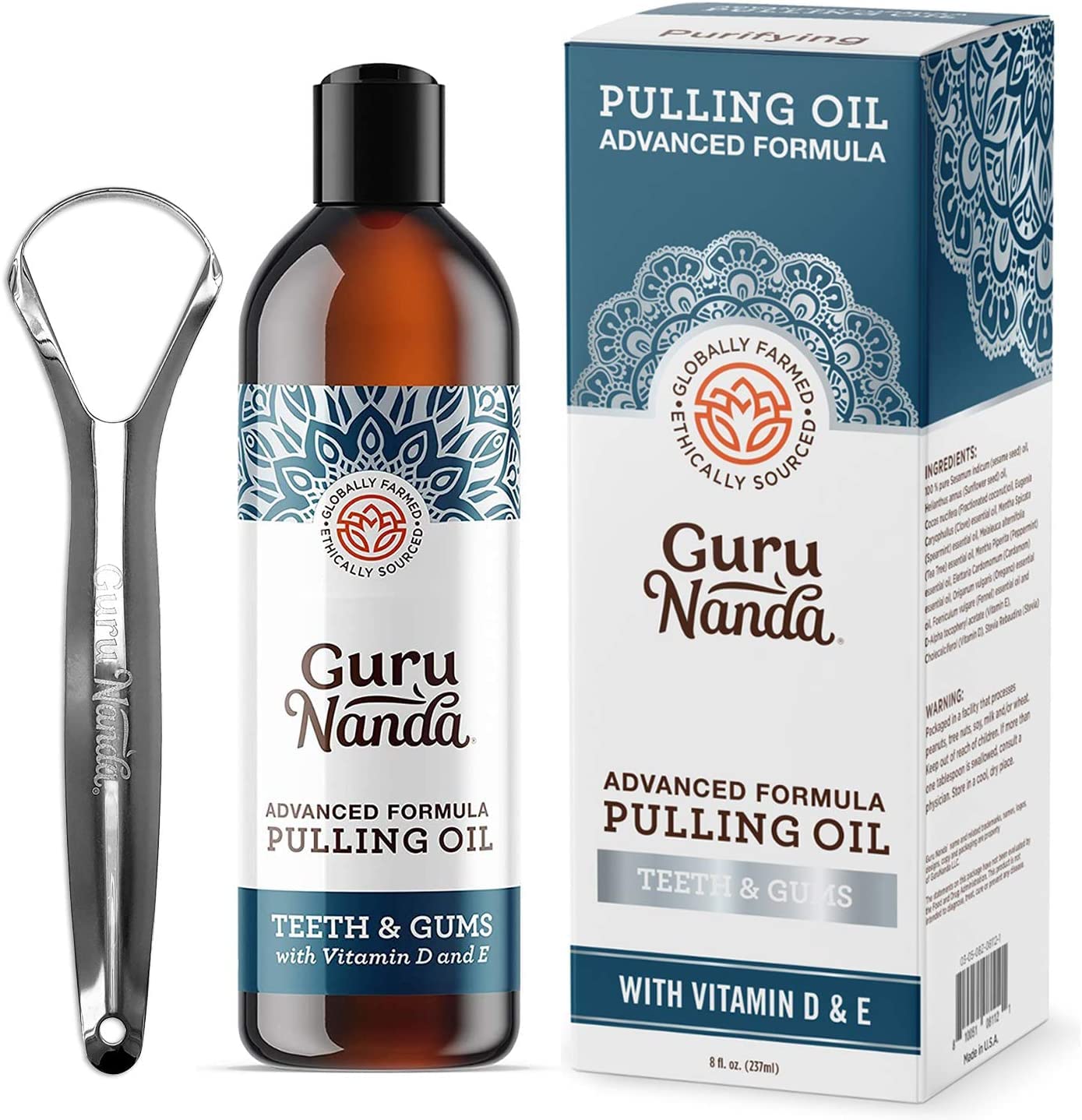 GuruNanda Advanced Formula Oil Pulling with Tongue Scraper, Original Oil Pulling, Mickey D’s- Coconut and Peppermint Oil Pulling & Concentrated Mouthwash- for Fresh Breath & Healthy Teeth & Gums