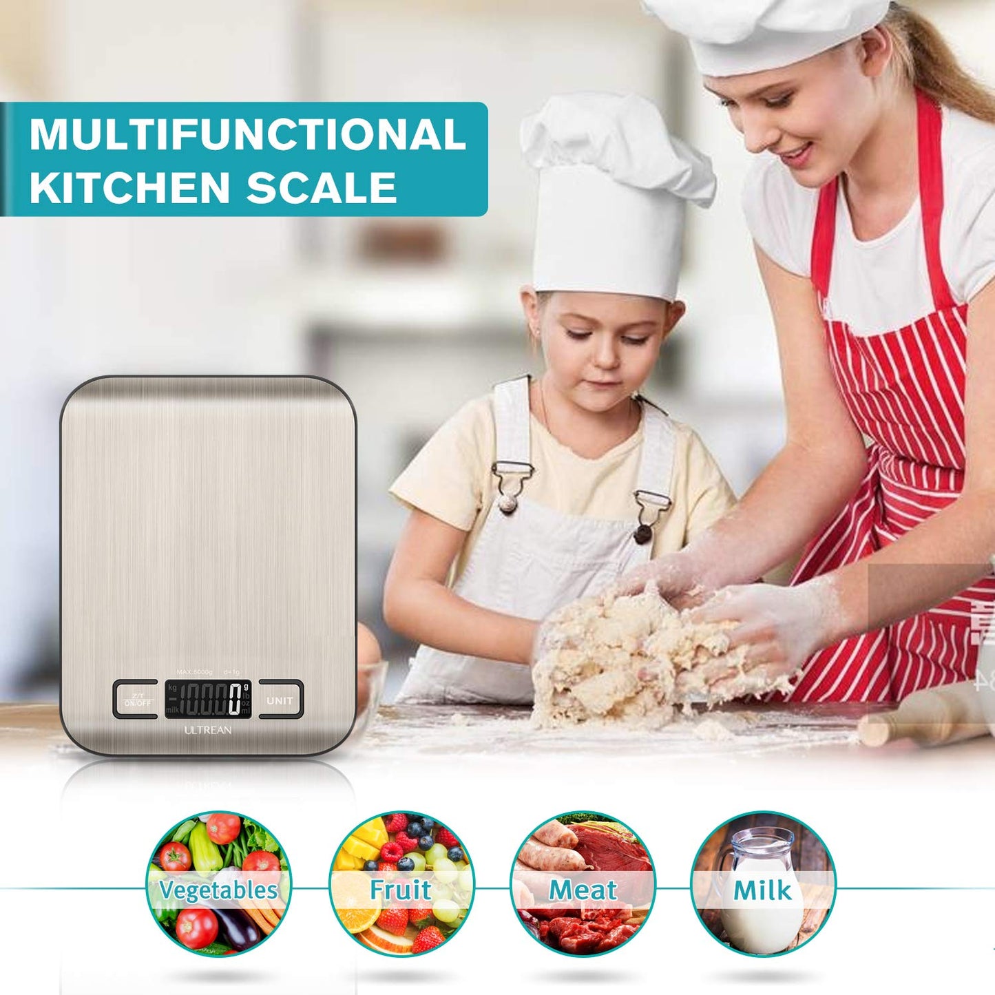 Ultrean Food Scale, Digital Kitchen Scale Weight Grams and Ounces for Baking Cooking and Meal Prep, 6 Units with Tare Function, 11lb (Batteries Included)