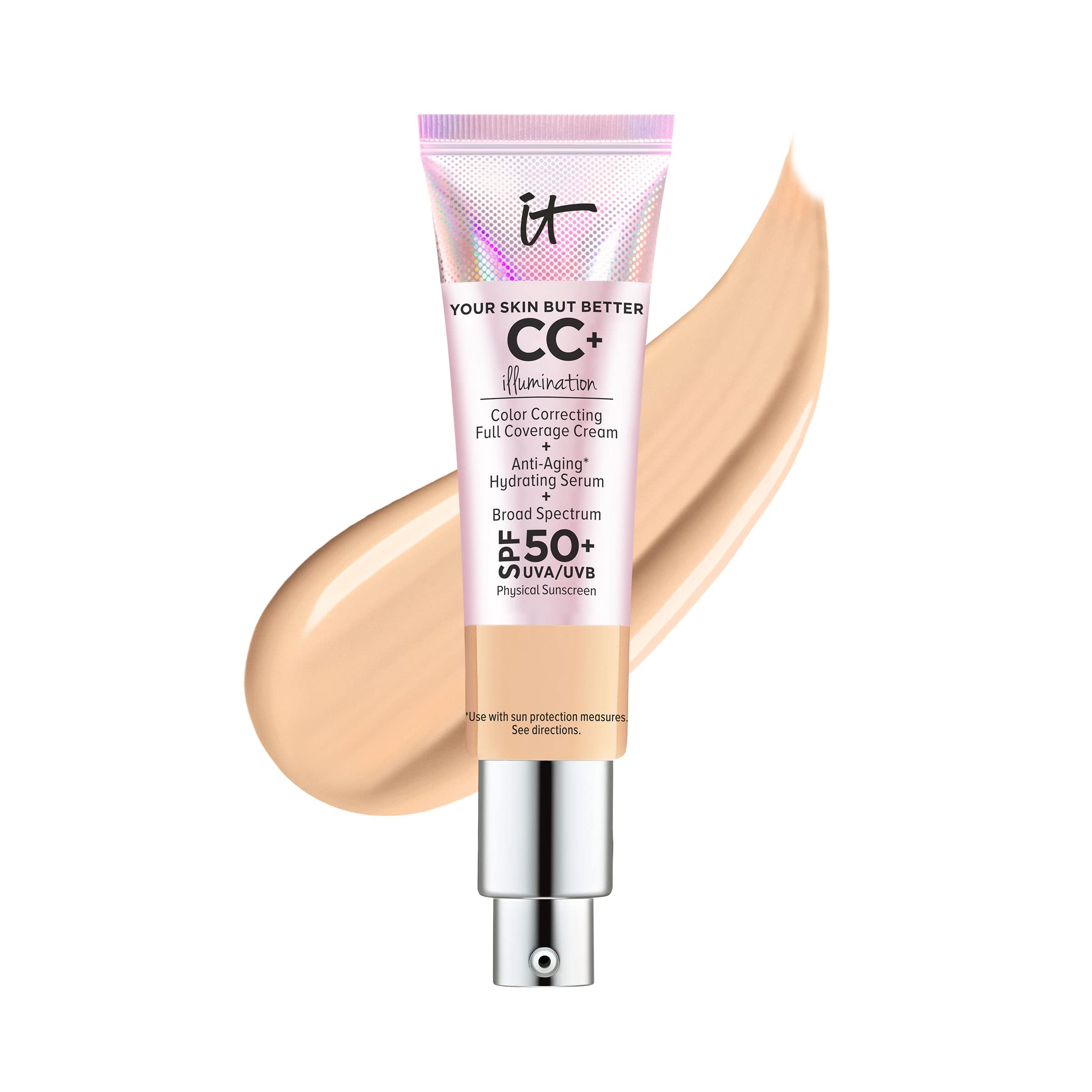 IT Cosmetics Your Skin But Better CC+ Cream Illumination, Medium (W) - Color Correcting Cream, Full-Coverage Foundation, Hydrating Serum & SPF 50+ Sunscreen - Radiant Finish - 1.08 fl oz