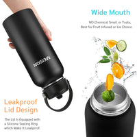 Insulated Water Bottle With Straw 32oz, Sports Water Bottle 1 Liter, Reusable Wide Mouth Vacuum 18/8 Stainless Steel Thermos Flask, Double Wall, BPA-Free (black, 32oz)