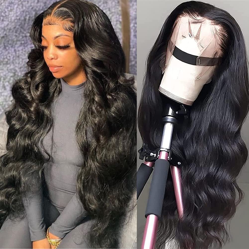 K KF BEAUTY U Body wave Lace Front Wigs Human Hair for Black Women 13x4 HD Transparent Glueless Human Hair Wigs for Black Women Pre Plucked with Baby Hair 150 Denisity Natural Black 26inch