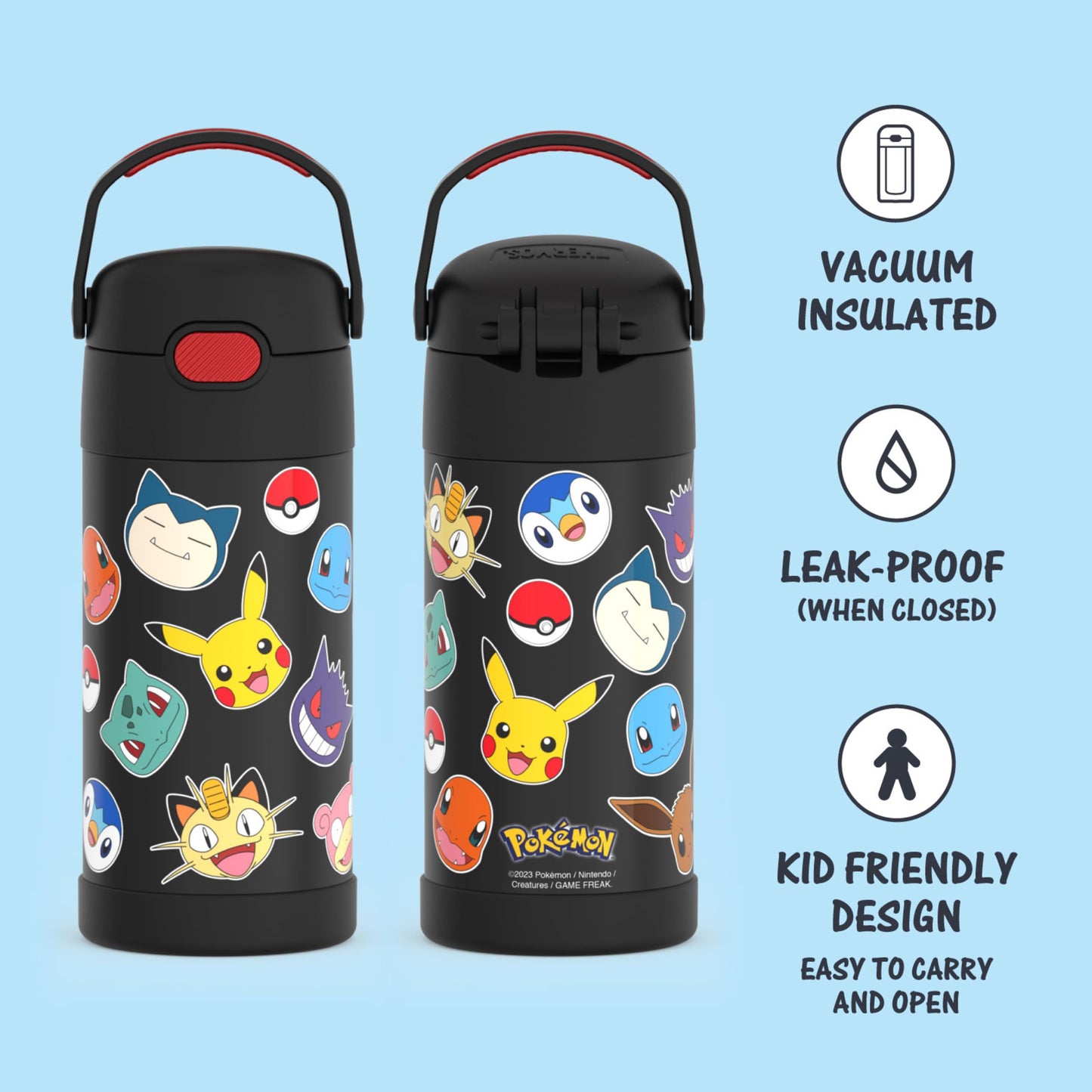 THERMOS FUNTAINER 12 Ounce Stainless Steel Vacuum Insulated Kids Straw Bottle, Pokemon