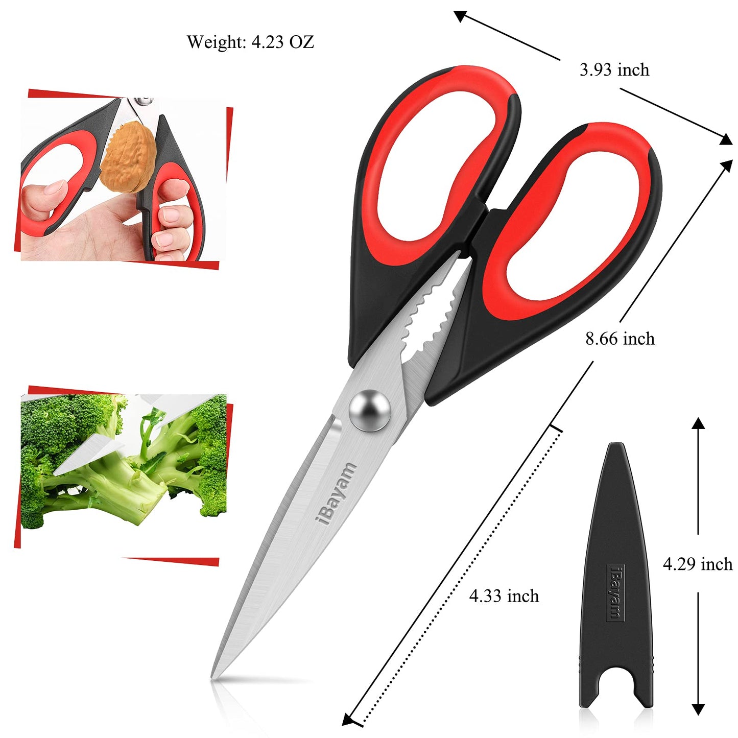 iBayam Kitchen Scissors All Purpose Heavy Duty Meat Poultry Shears, Dishwasher Safe Food Cooking Scissors Stainless Steel Utility Scissors, 2-Pack (Black Red, Black Gray)