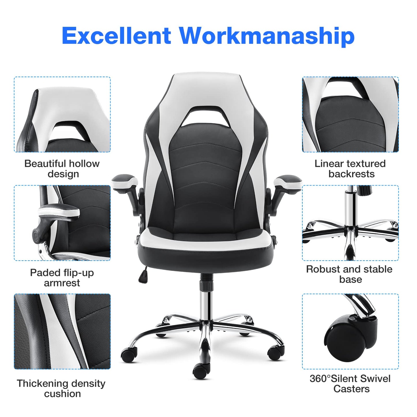 JHK Gaming Computer Office Ergonomic Desk Chair Armrests Neck Pillow and Built-in Lumbar Adjustment, Black and White