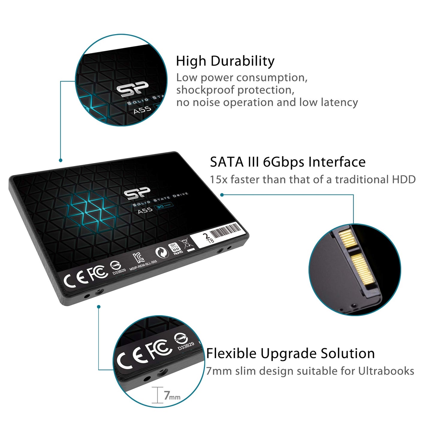 Silicon Power 2TB SSD 3D NAND A55 SLC Cache Performance Boost SATA III 2.5" 7mm (0.28") SSD Internal Solid State Drive (SP002TBSS3A55S25)