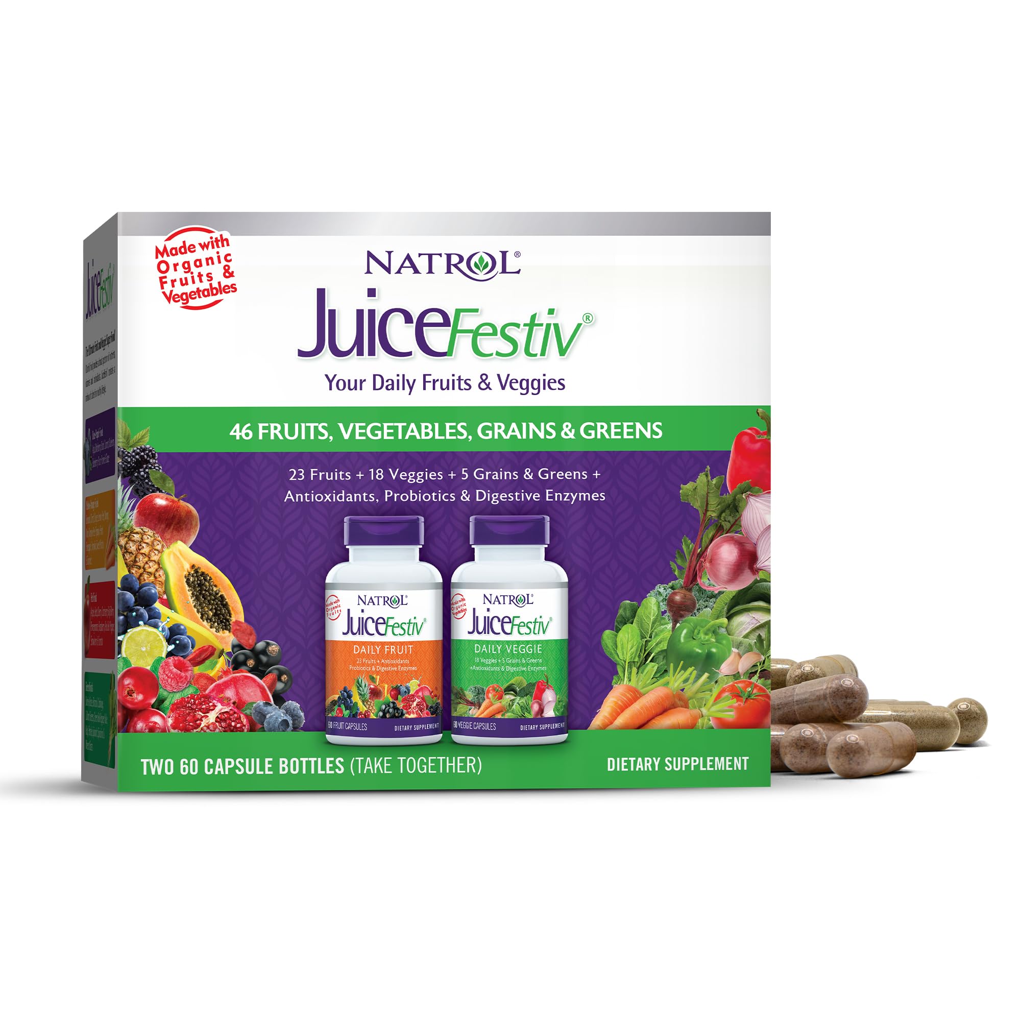 Natrol JuiceFestiv Daily Fruit & Veggie with SelenoExcell and Whole-Food [Phyto] Nutrients, Dietary Supplement Supports Better Nutrition (& Overall Well-Being), 60 Capsules (Pack of 2), 30 Day Supply