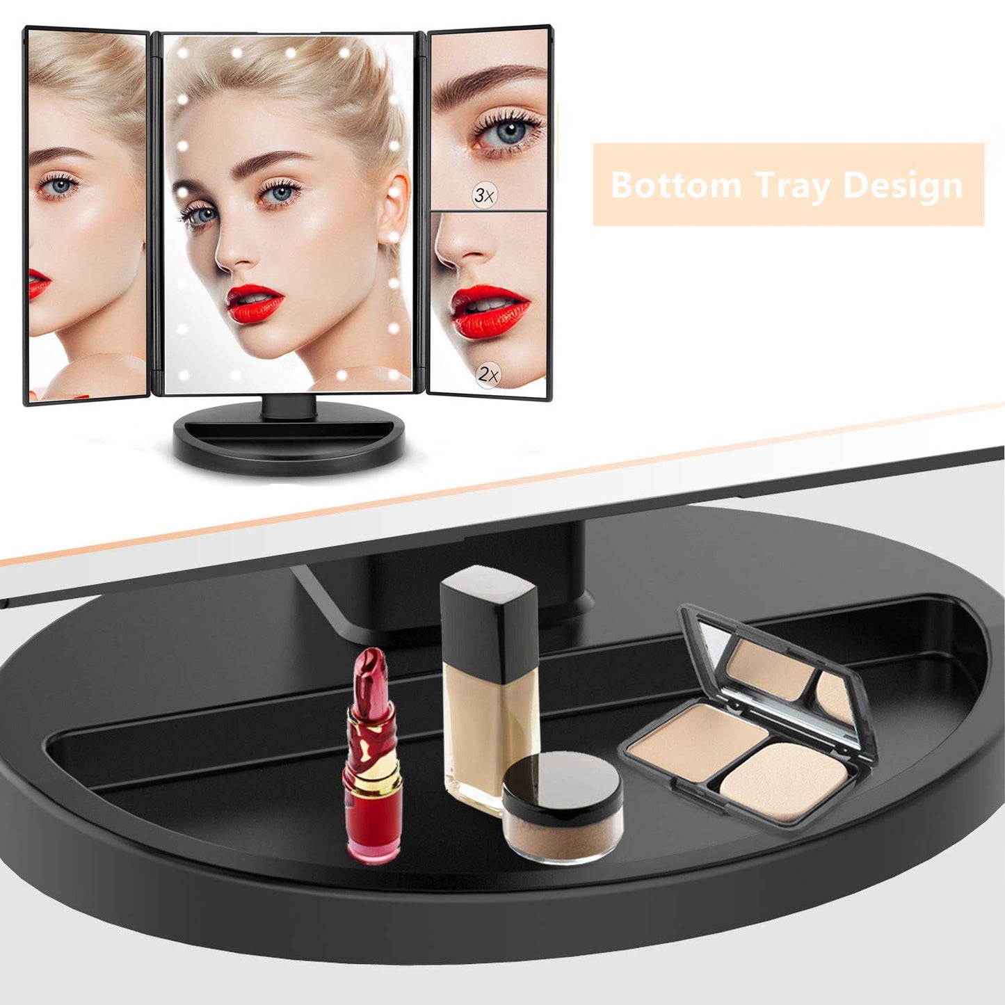 Flymiro Tri-fold Lighted Vanity Makeup Mirror with 3x/2x/1x Magnification, 21Leds Light and Touch Screen,180 Degree Free Rotation Countertop Travel Cosmetic Mirror (Black)