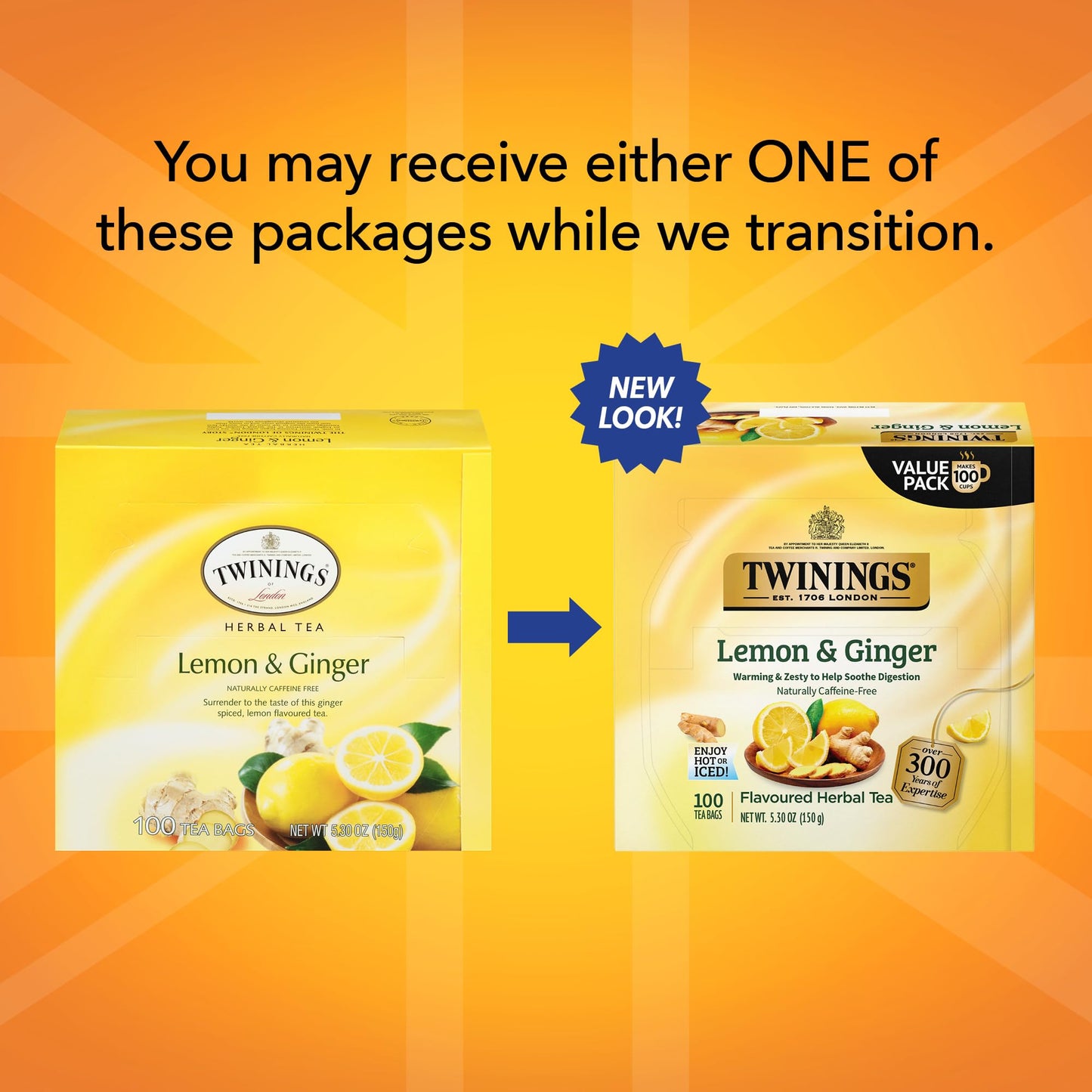 Twinings Lemon & Ginger Herbal Tea, 100 Individually Wrapped Tea Bags, Tangy Lemon, Spicy Ginger, Naturally Caffeine Free