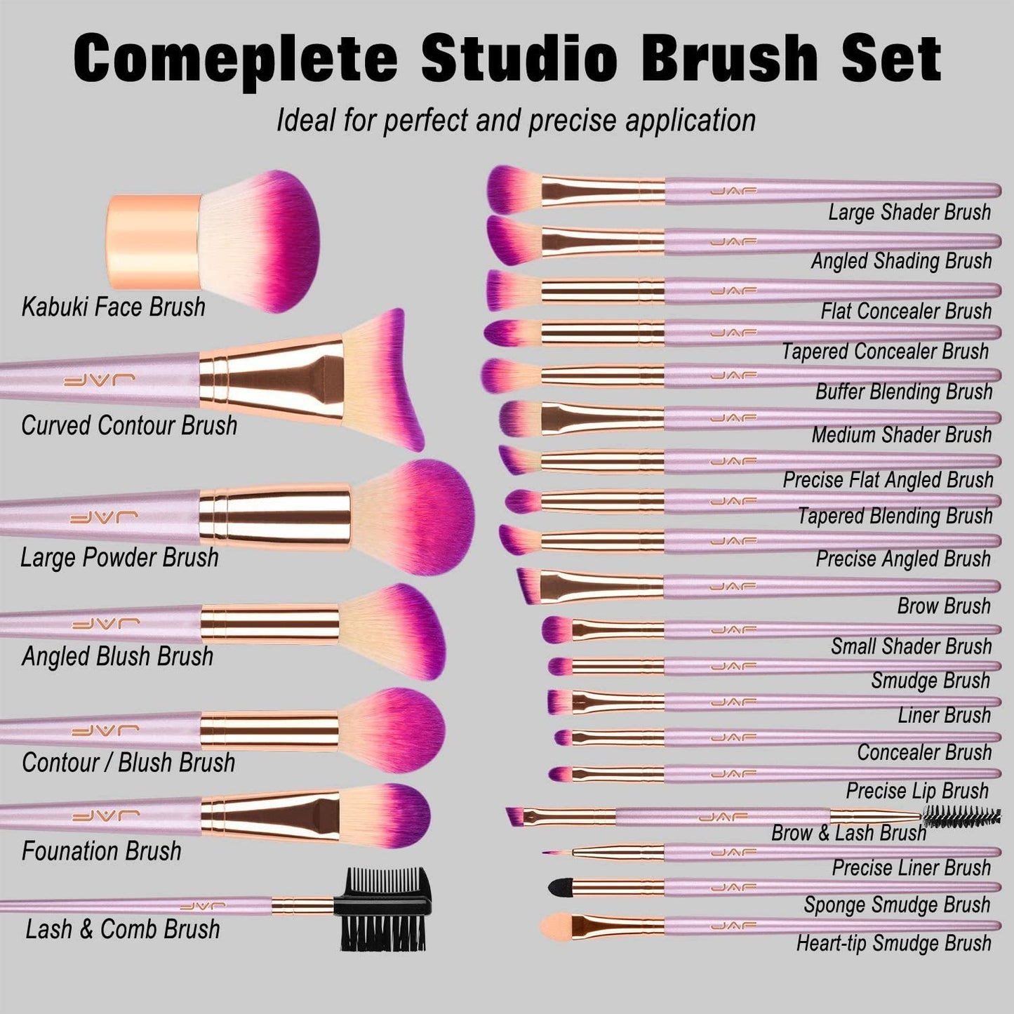 JAF 26pcs Makeup Brush Set Professional Kabuki Full Face Contour Brush Set Pink Complete Vegan Brush Kit, Soft Make Pretty Cute Rose Gold Cosmetic brush Purple