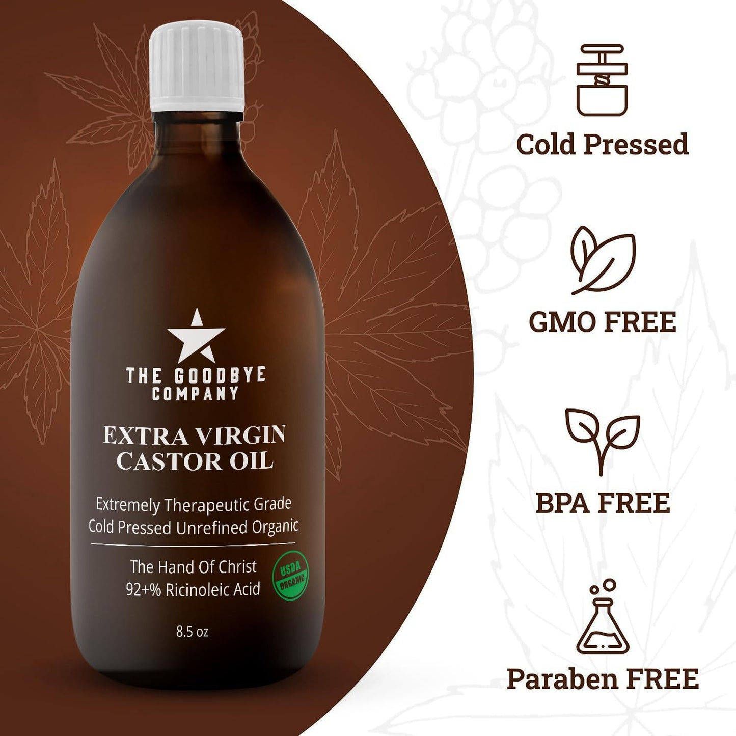 Castor Oil USDA Certified Organic Glass Bottle Pure Cold-Pressed - (250 mL) 100% Natural Virgin Castor Oil Unrefined Moisturizing for Skin Hair Growth for Eyelashes, Hexane & BPA Free (8.50 Ounces)