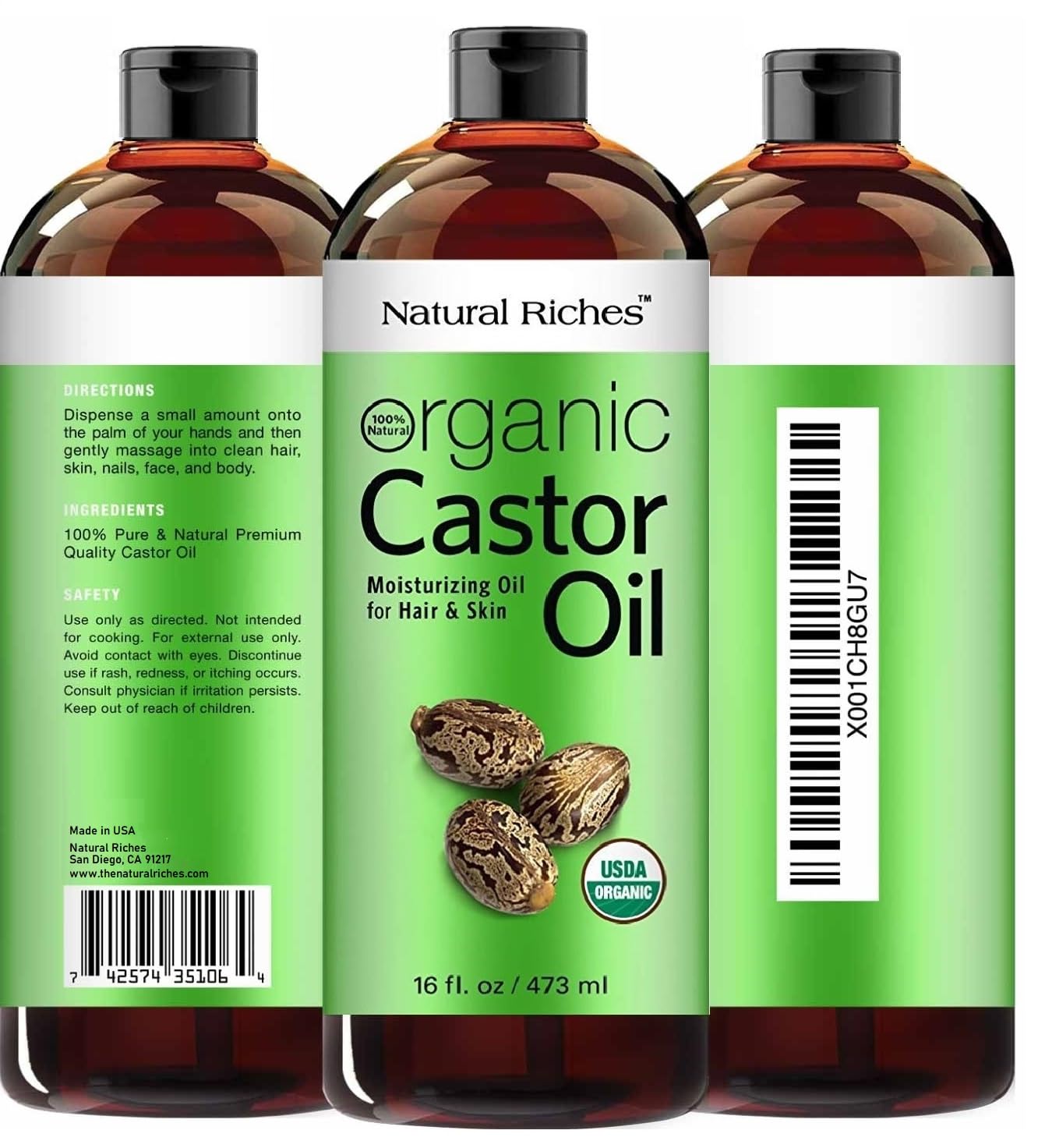 Natural Riches Organic Castor Oil Cold pressed USDA certified for Dry Skin Hair Loss Dandruff Thicker Hair - Moisturizes Skin Helps Hair growth Thicker Eyelashes Eyebrows 16 fl. oz.