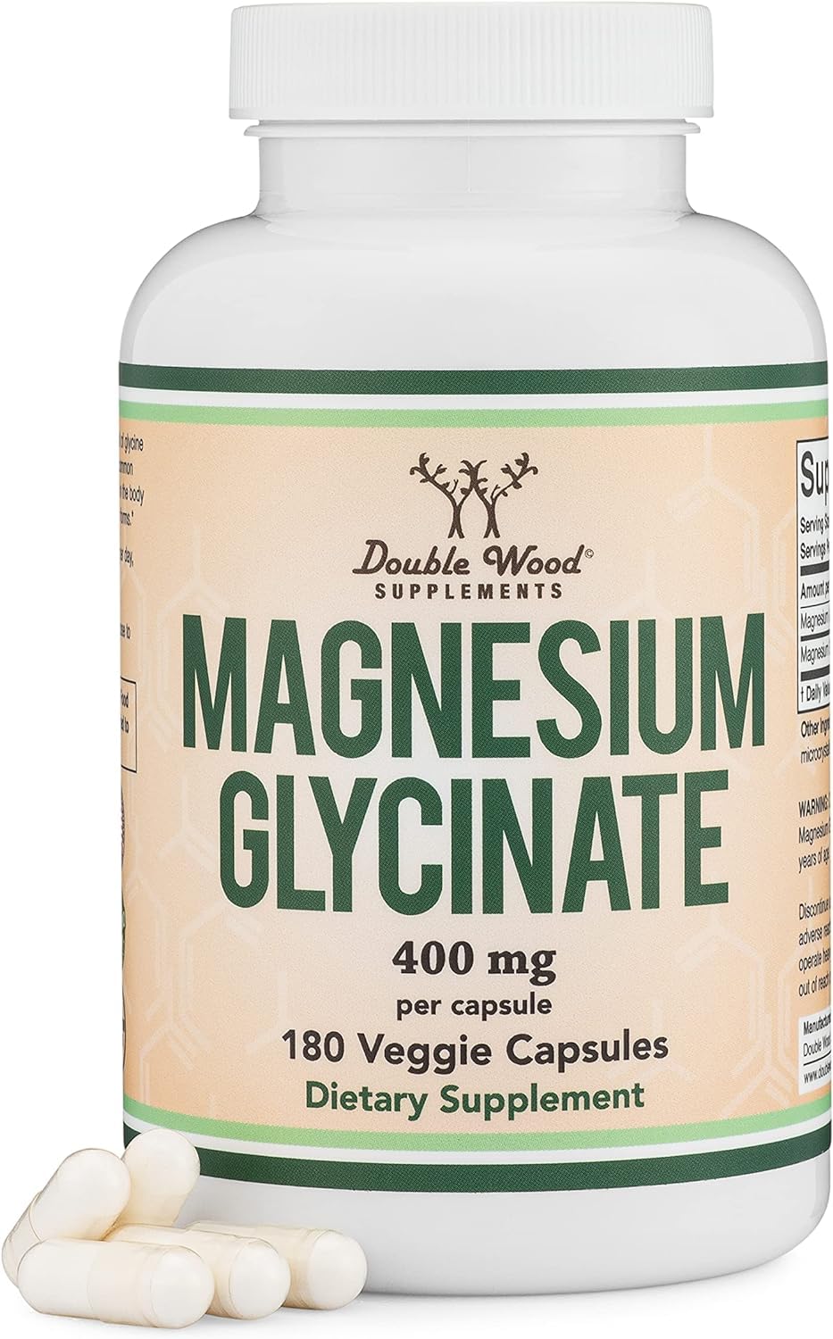 Magnesium Glycinate 400mg, 180 Capsules (Vegan Safe, Manufactured and Third Party Tested in The USA, Gluten Free, Non-GMO) High Absorption Magnesium by Double Wood Supplements