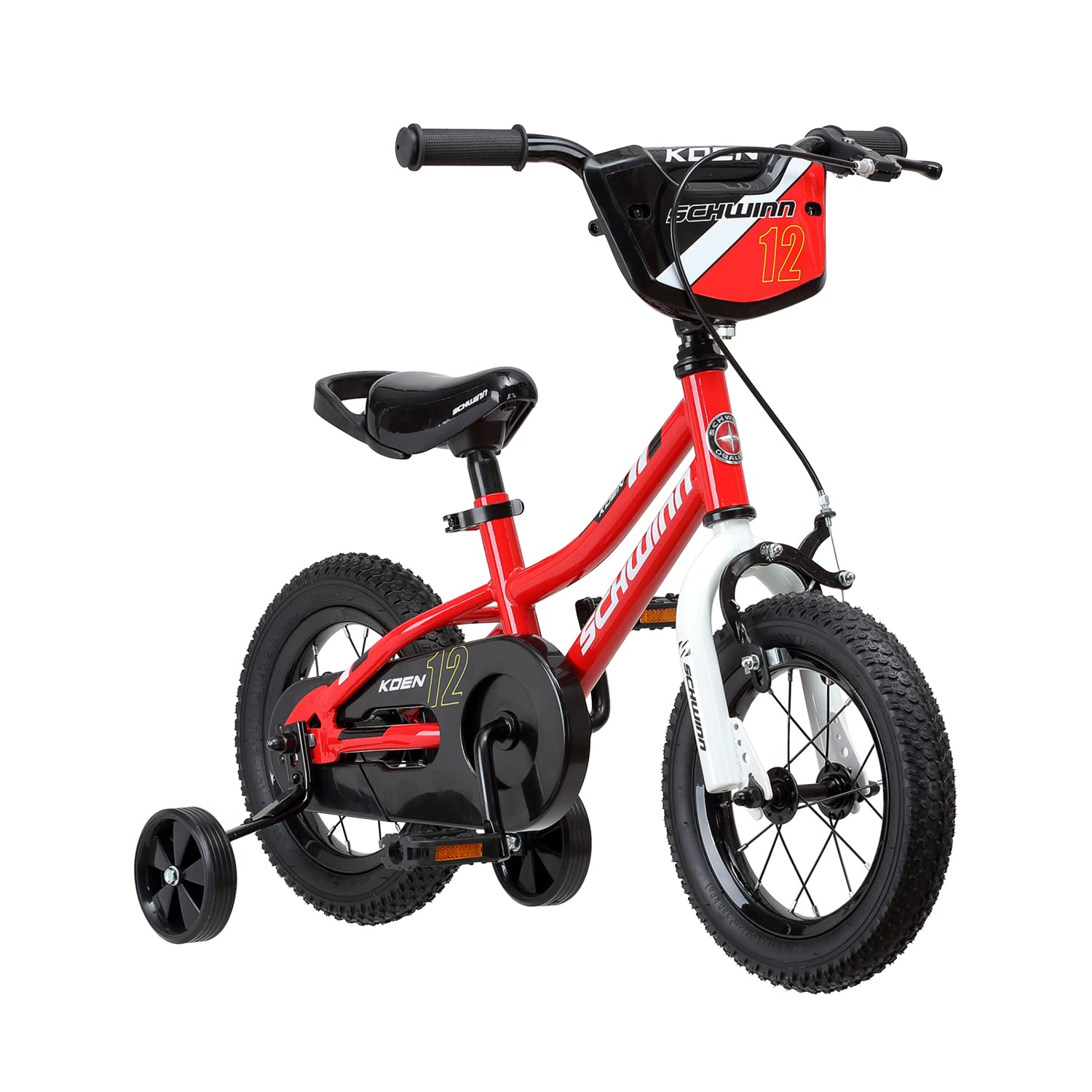 Schwinn Koen & Elm Toddler and Kids Bike, For Girls and Boys, 18-Inch Wheels, BMX Style, Training Wheels Included, Chain Guard, and Number Plate, Red