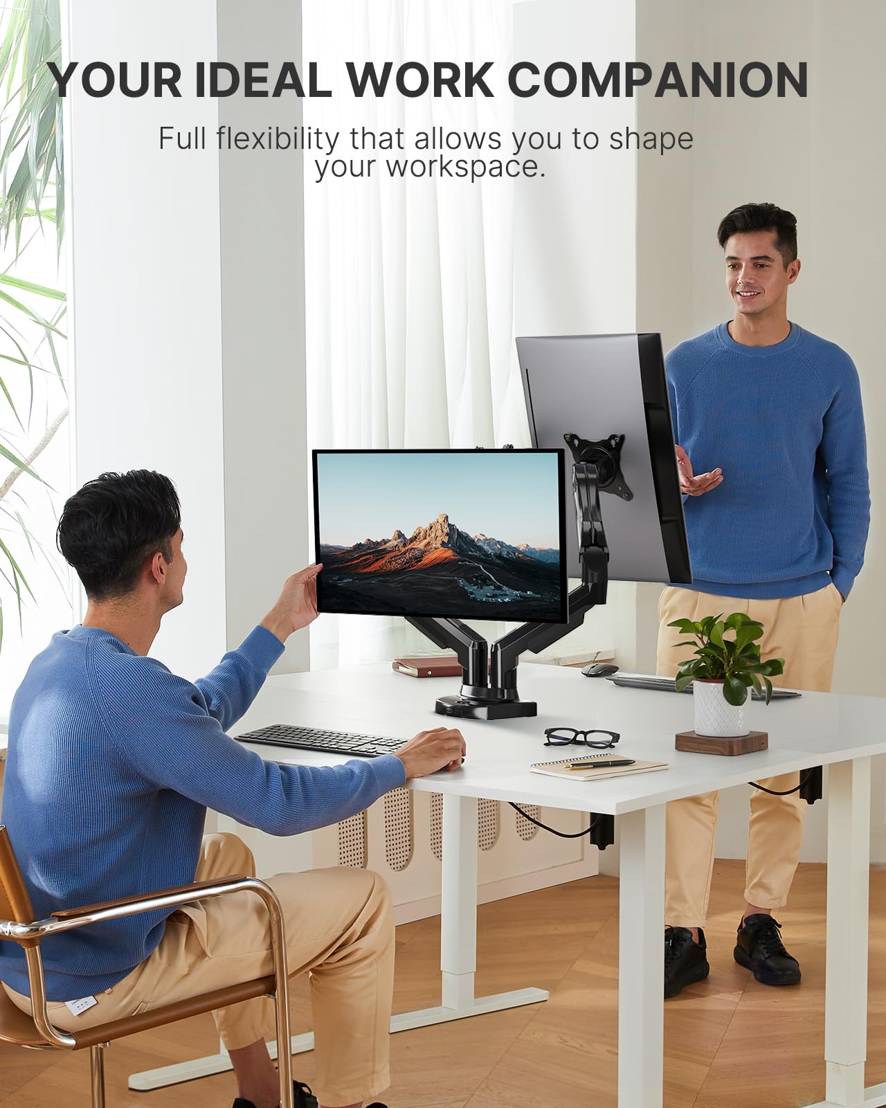 HUANUO Dual Monitor Stand - Adjustable Spring Monitor Desk Mount Swivel Vesa Bracket with C Clamp, Grommet Mounting Base for 13 to 27 Inch Computer Screens - Each Arm Holds 4.4 to 14.3lbs