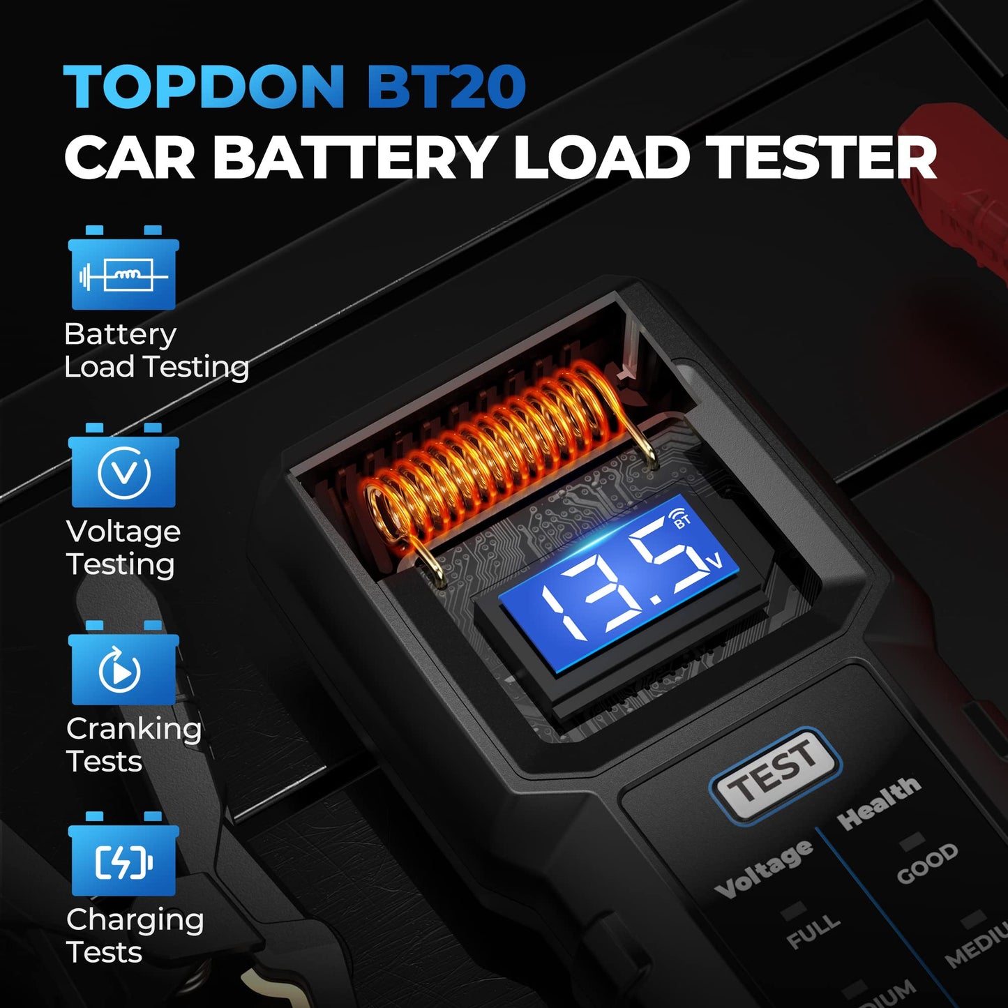 12V Car Battery Tester, TOPDON BT20 Battery Load Tester 100-2000CCA, Cranking&Charging Test via App, Record Voltage History, Automotive Battery Analyzer&Checker for Car Truck SUV Boat