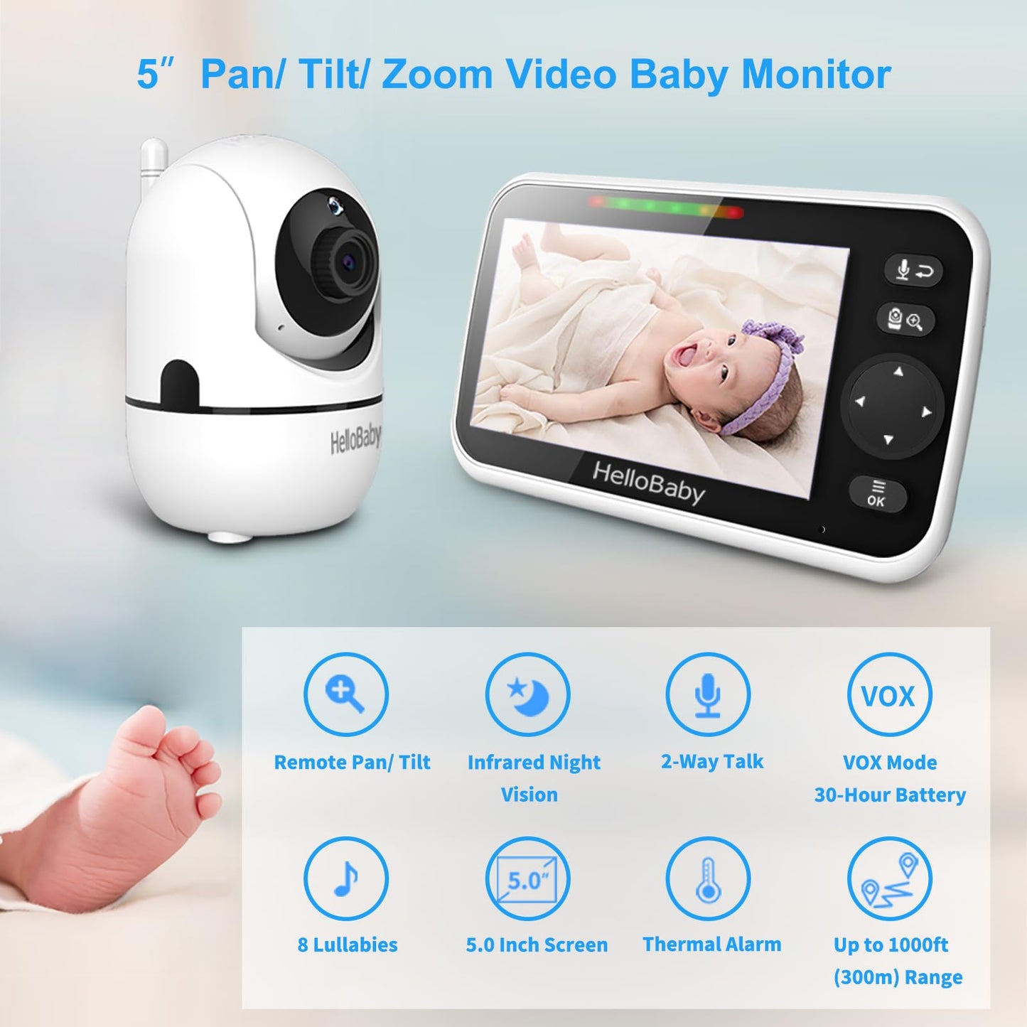 HelloBaby Upgrade Monitor, 5''Sreen with 30-Hour Battery, Pan-Tilt-Zoom Video Baby Monitor with Camera and Audio, Night Vision, VOX, 2-Way Talk, 8 Lullabies and 1000ft Range No WiFi, Ideal Gifts