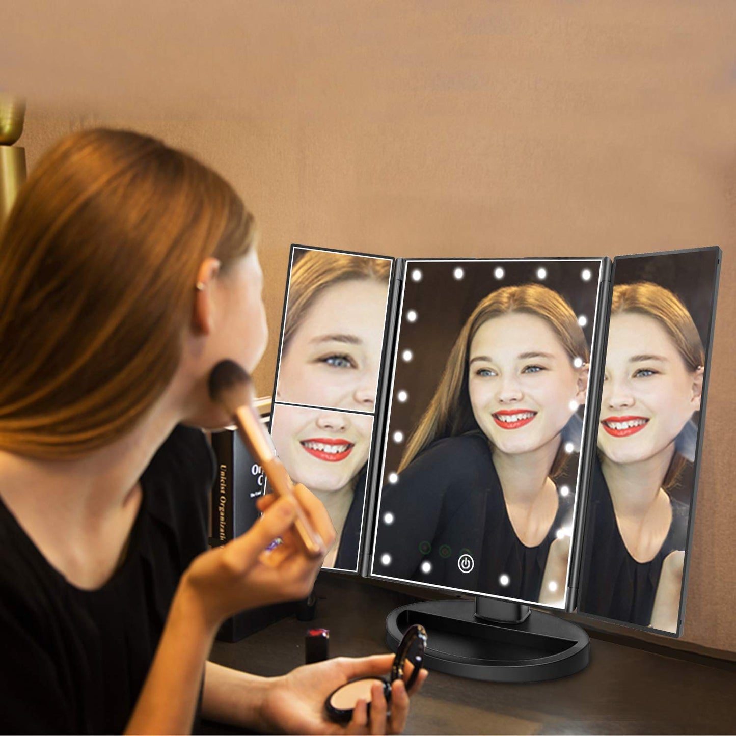 Flymiro Tri-fold Lighted Vanity Makeup Mirror with 3x/2x/1x Magnification, 21Leds Light and Touch Screen,180 Degree Free Rotation Countertop Travel Cosmetic Mirror (Black)