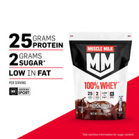 Muscle Milk 100% Whey Protein Powder, Chocolate, 5 Pound, 66 Servings, 25g Protein, 2g Sugar, Low in Fat, NSF Certified for Sport, Energizing Snack, Workout Recovery, Packaging May Vary