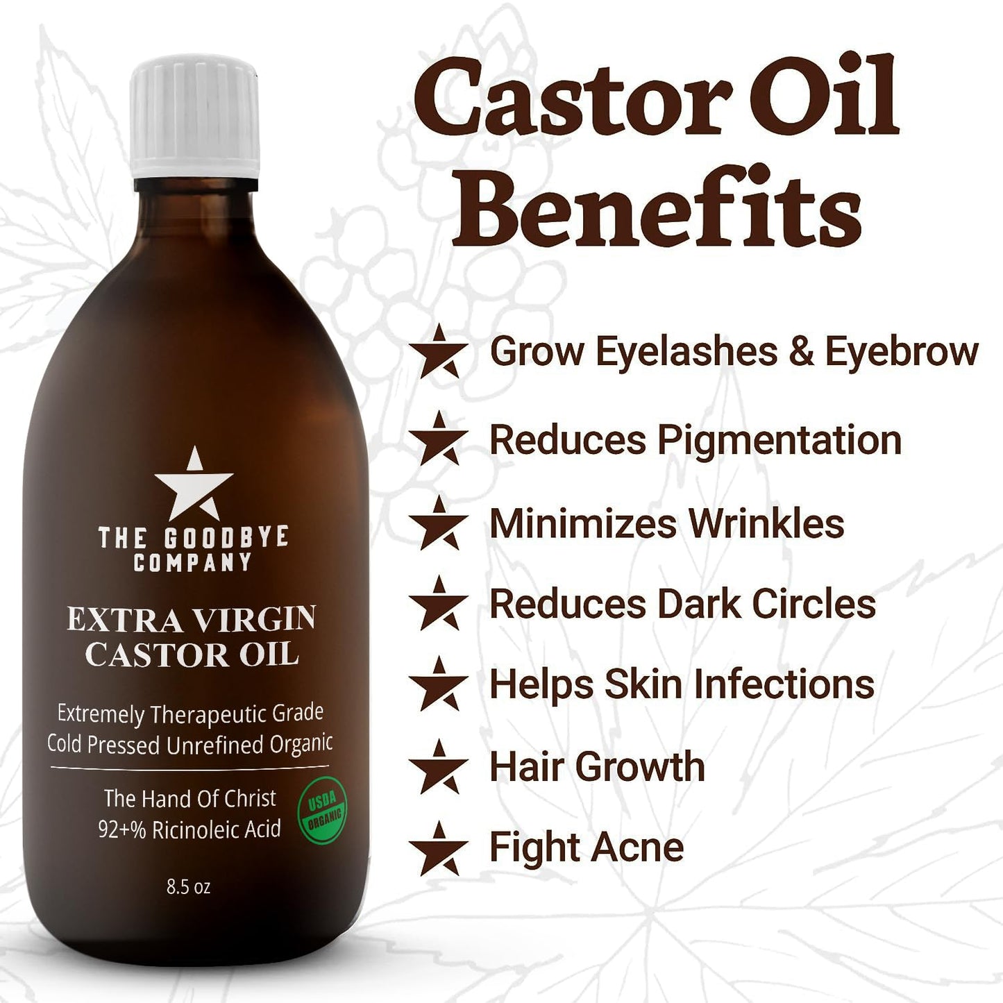 Castor Oil USDA Certified Organic Glass Bottle Pure Cold-Pressed - (250 mL) 100% Natural Virgin Castor Oil Unrefined Moisturizing for Skin Hair Growth for Eyelashes, Hexane & BPA Free (8.50 Ounces)