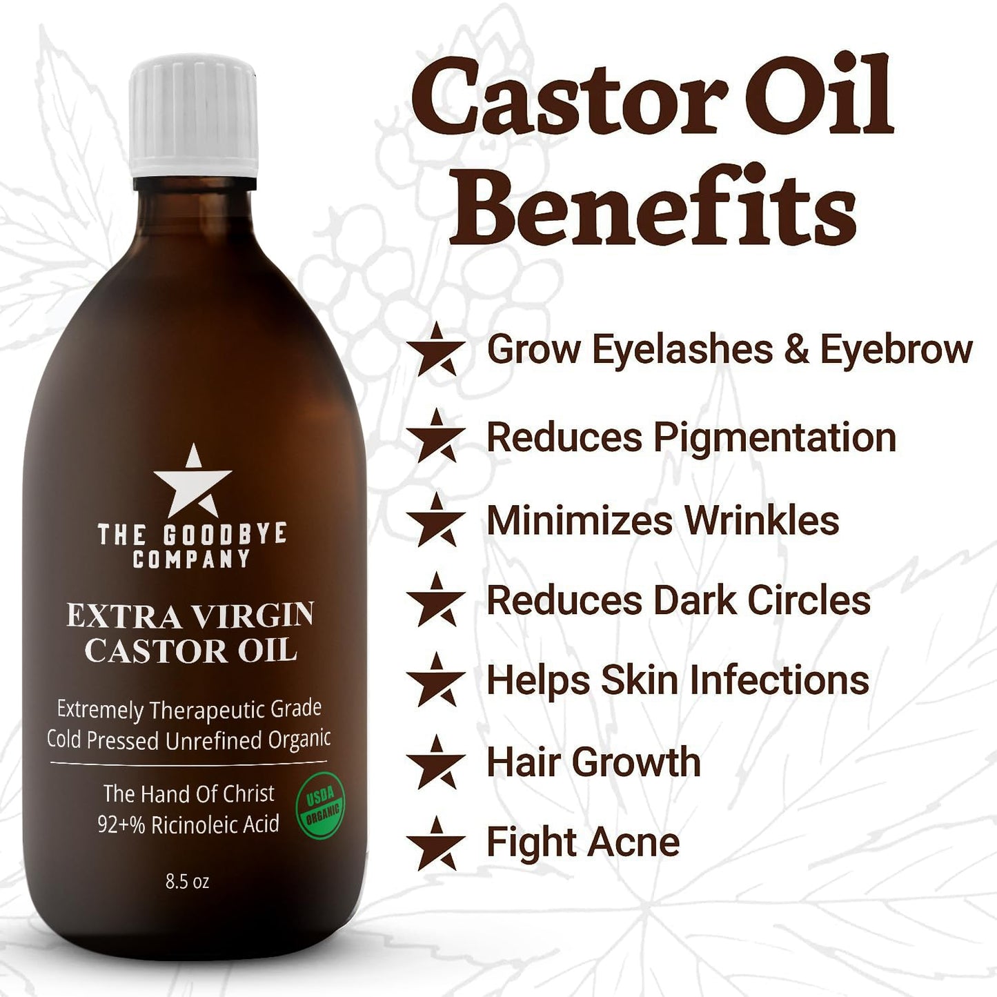 Hello Castor Oil USDA Certified Organic Glass Bottle Pure Cold-Pressed 100% Natural Virgin Castor Oil Moisturising for Skin Hair Growth Product for Eyelashes Food Grade Hexane & BPA Free (470mls)