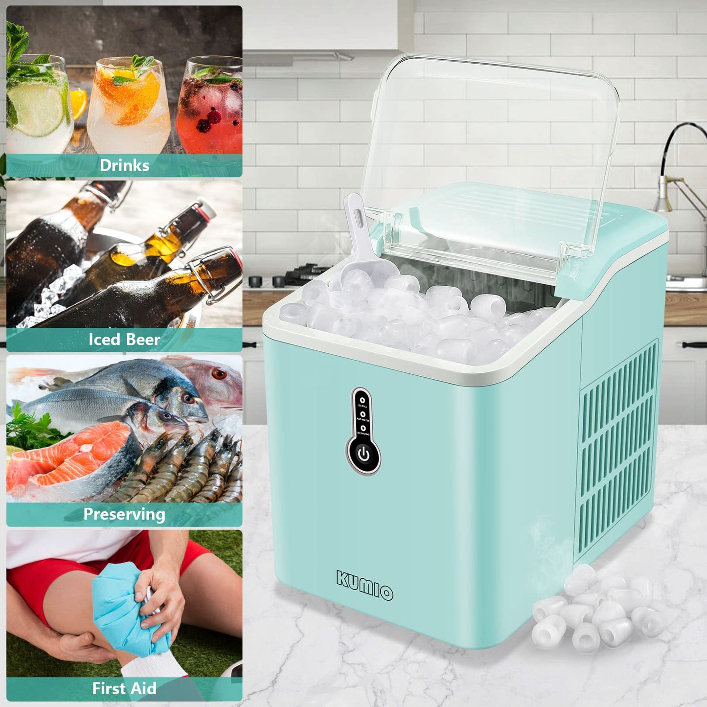 KUMIO Ice Makers Countertop, 9 Bullet Ice in 6-9 Mins with Ice Scoop and Basket, 26.5 Lbs per Day, Portable Ice Maker for Home Office Camping Party RV, Blue