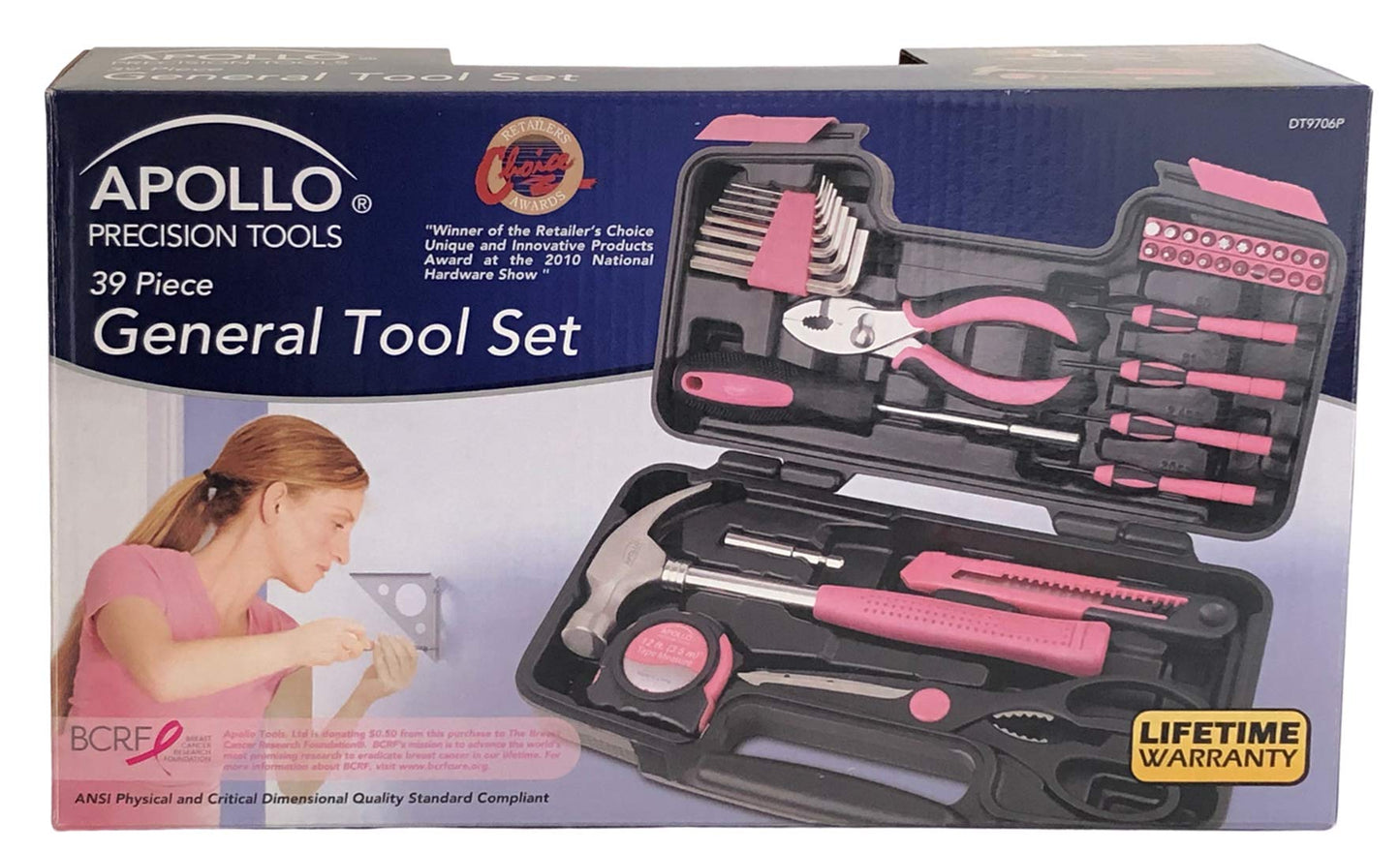 Apollo Tools Original 39 Piece General Household Tool Set in Toolbox Storage Case with Essential Hand Tools for Everyday Home Repairs, DIY and Crafts - Pink Ribbon - Pink - DT9706P