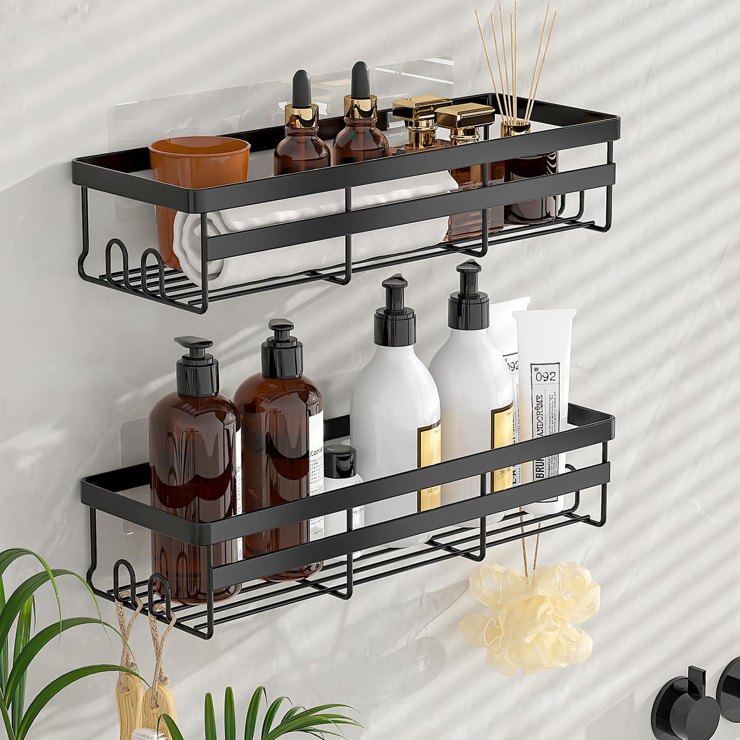 WOWBOX Shower Caddy Shelf, 2 Pack Adhesive Bathroom Shower Organizer Hanging Shower Shelf for Inside Shower, No Drilling Stainless Black Shower Shelves for Bathroom Storage&Home Decor&Kitchen