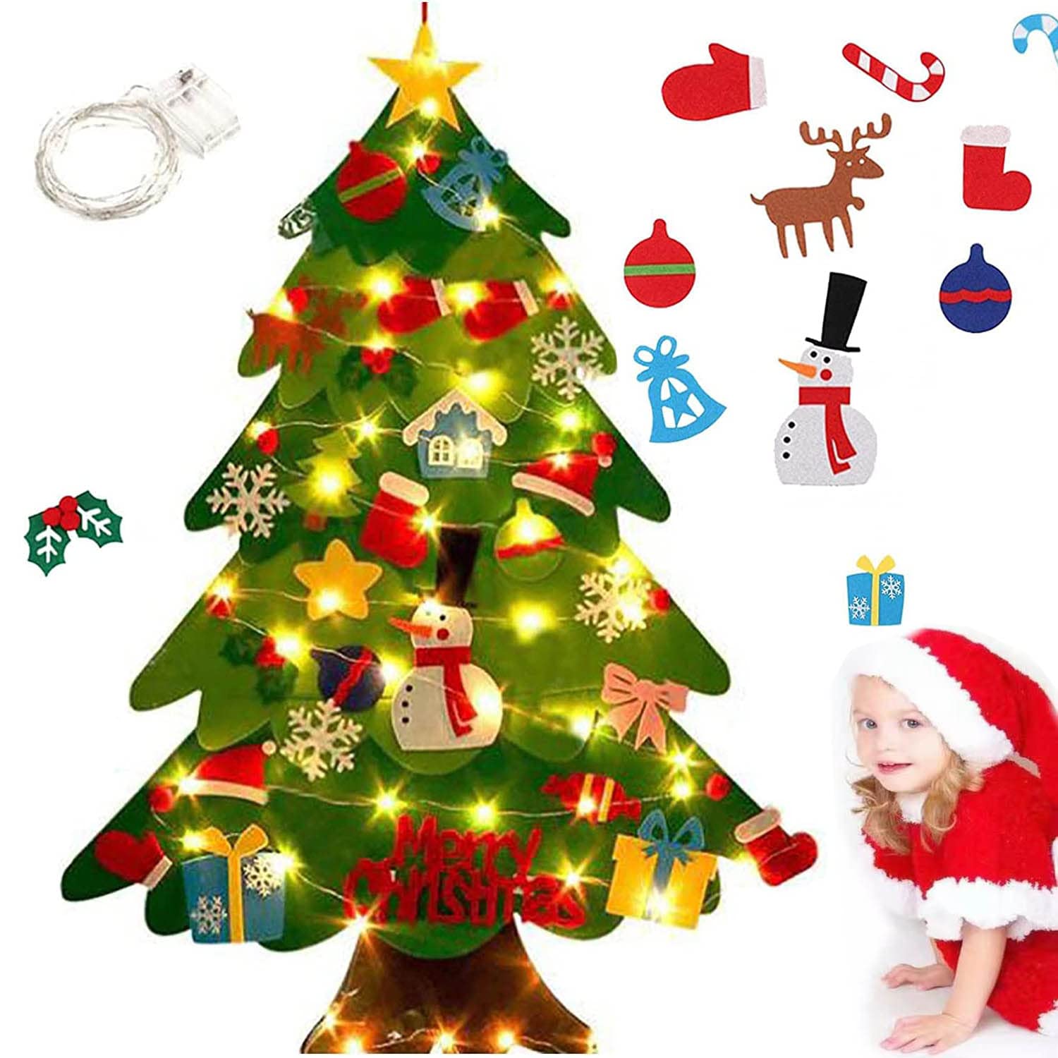 Montessori Christmas Tree for Toddlers, Montessori Christmas Tree with Lights, Kids Interactive Christmas Tree with 21Pcs Detachable Tree Ornaments for Kid Wall