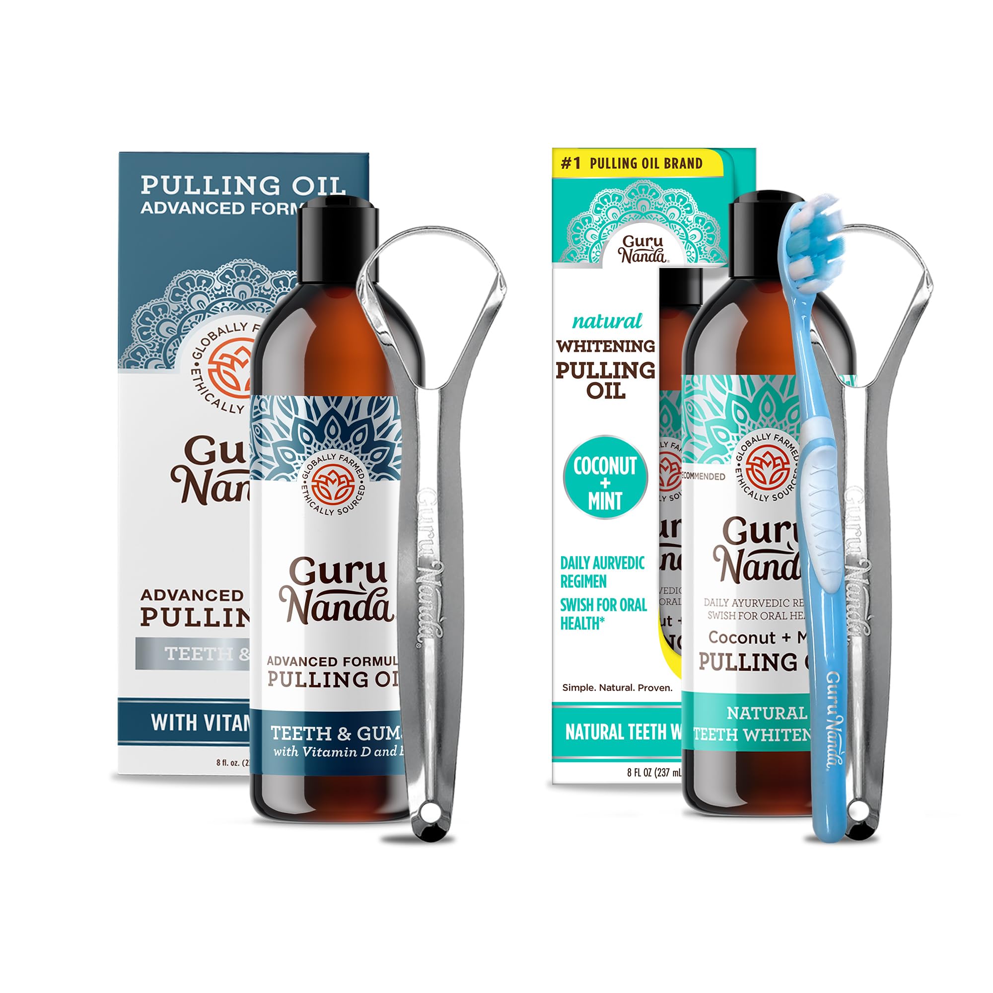 GuruNanda Advanced Formula Oil Pulling (8Fl. Oz) with Tongue Scraper and Mickey D’s- Coconut and Peppermint Oil Pulling (8Fl. Oz) for HealthyTeeth & Gums- Helps with Bad Breath