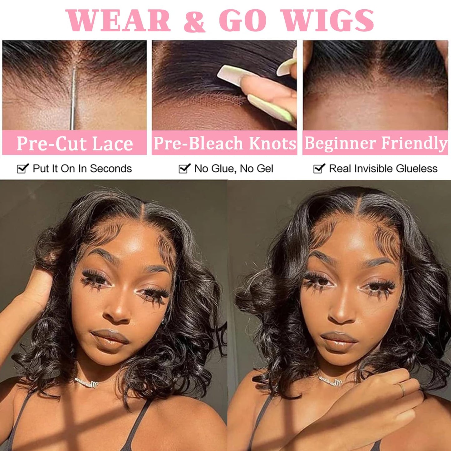 Skouty 14 Inch Glueless Wigs Human Hair Pre Plucked Bob Wig Human Hair for Black Women Wear and Go Body Wave Lace Front Wigs Upgraded No Glue Needed Pre Cut 4x4 Lace Closure Wigs for Beginners