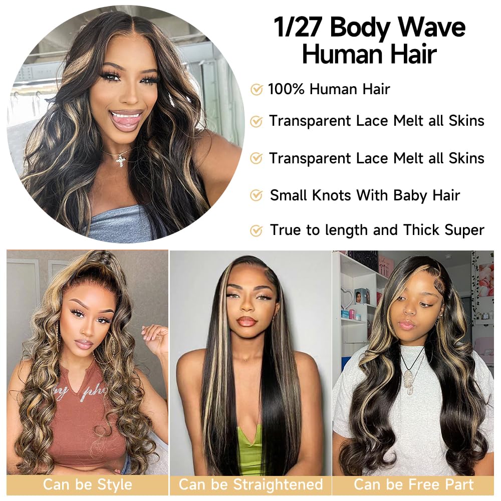 Yeonmi Highlight Lace Front Wig Human Hair Pre Plucked 13x4 1B/27 Body Wave Ombre Lace Front Wigs Human Hair 180% Density HD Lace Colored Wigs Balayage Wig Human Hair Glusless Wigs Human Hair 24 Inch