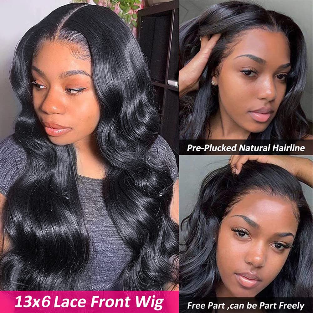 Larhali Hair 13x6 HD Transparent Lace Front Wigs Brazilian Body Wave Human Hair Wigs For Black Women 180% Density Pre Plucked with Baby Hair Natural Black (16 inch)