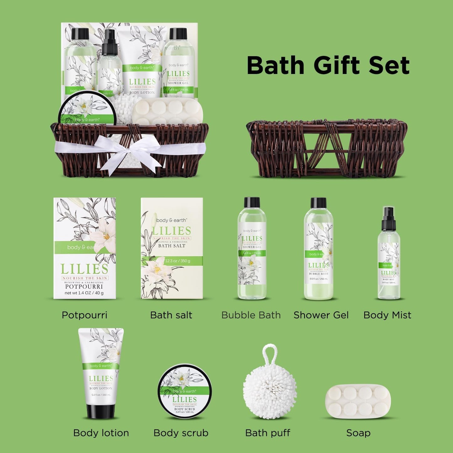 Bath and Body Gift Basket Body & Earth 10 Piece Set Lily Home Spa Set for Women