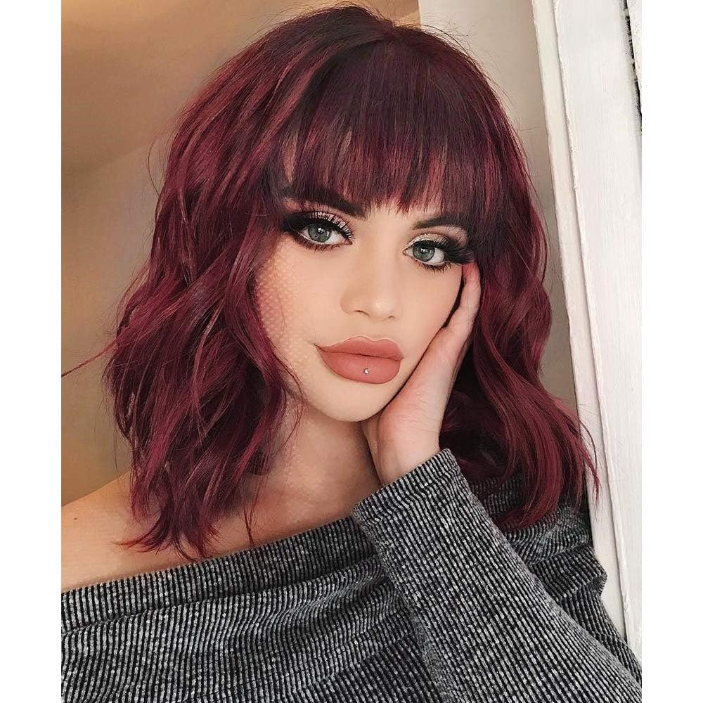 AISI HAIR Curly Bob Wig with Bangs Short Wavy Wine Red Color Wigs for Women Bob Style Synthetic Heat Resistant Bob Wigs