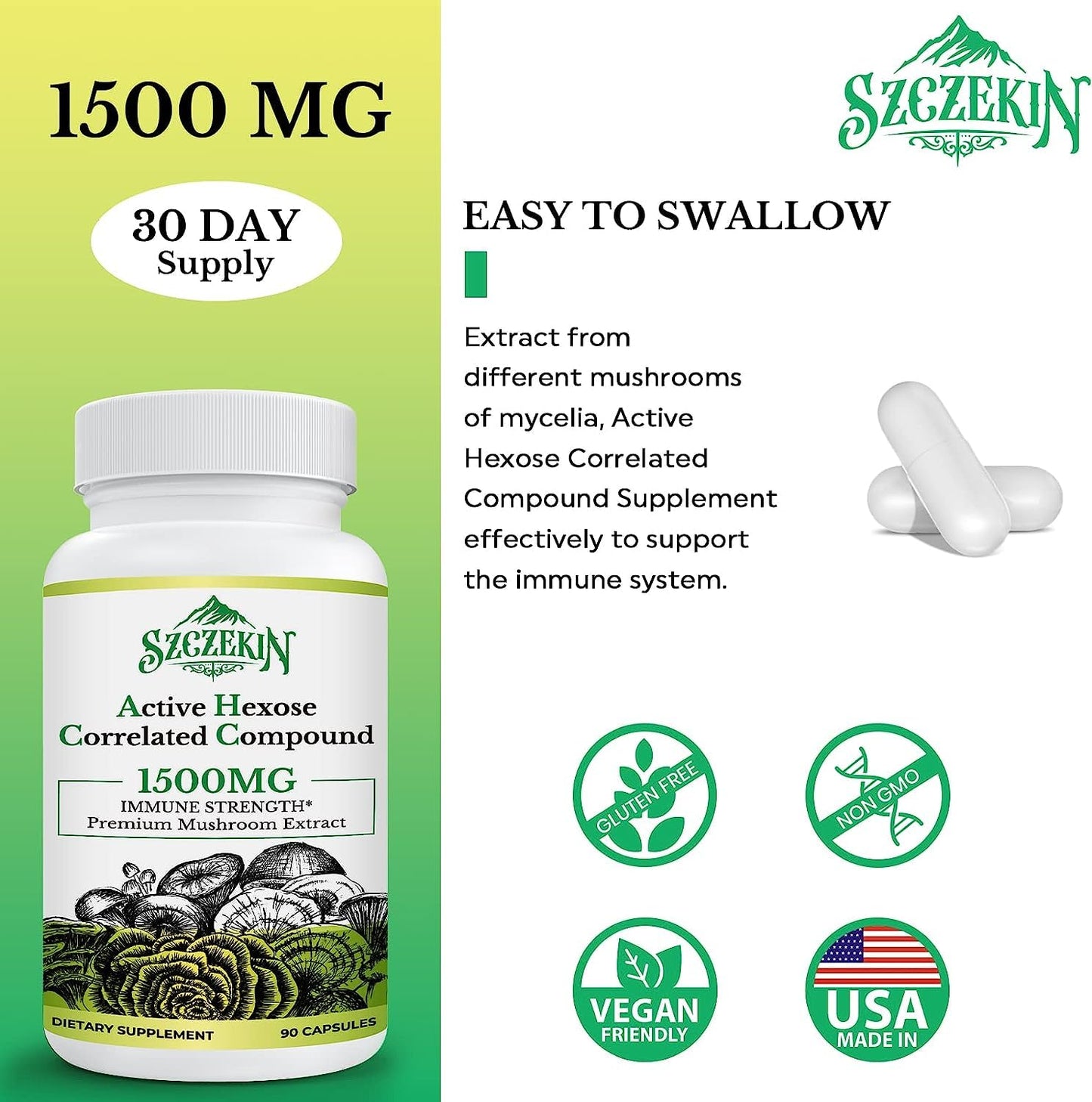 SZCZEKIN Active Hexose Correlated Compound 1500 mg Supplement, Natural 8 Mushroom Extract Supplement, Immune System, Liver Function, Natural Killer and T Cells Activity, 180 Veggie Capsules