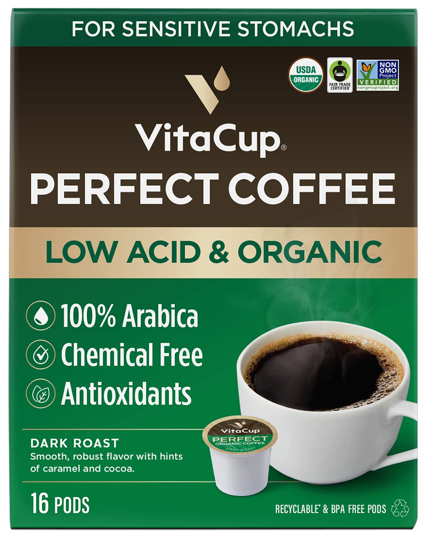 VitaCup Perfect Low Acid Coffee Pods, USDA Organic & Fair Trade, Mycotoxin Free, Dark Roast,16 CT | VitaCup Genius Organic Coffee Pods, Infused with MCT Oil, Turmeric, & B Vitamins, 16 CT