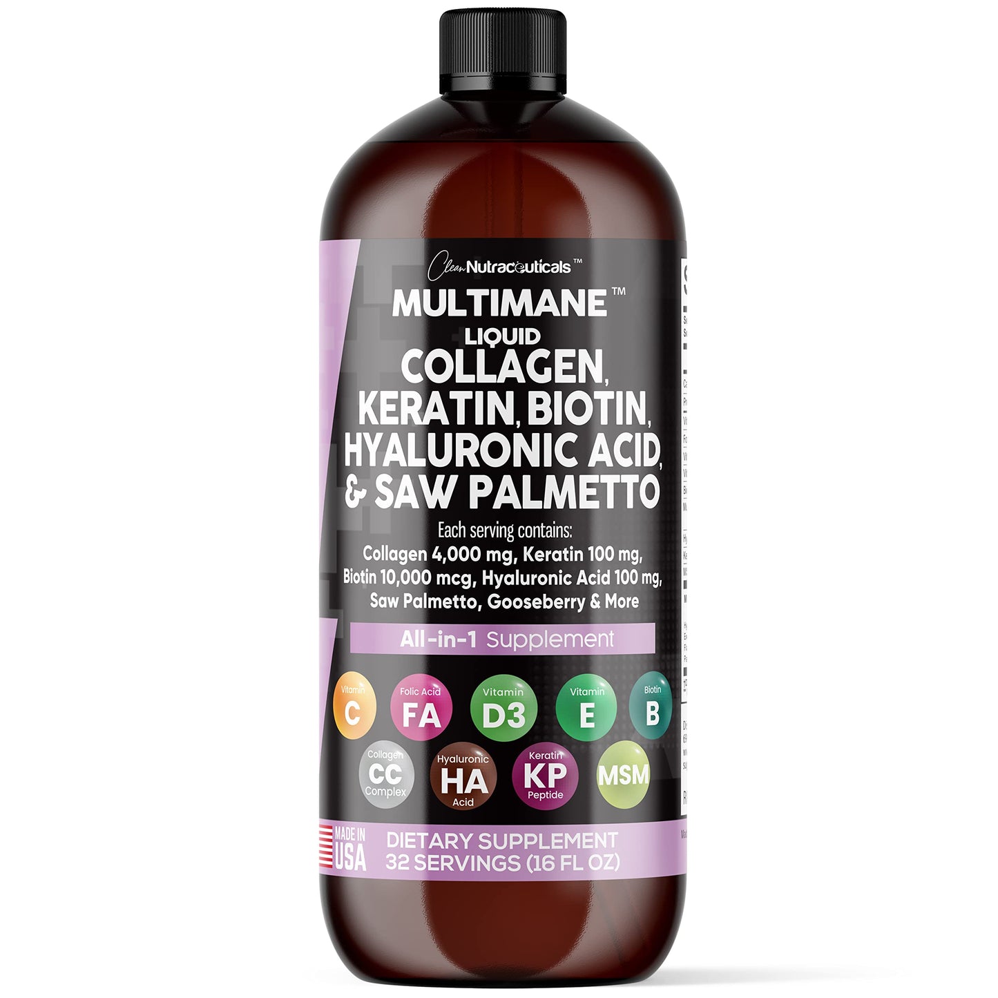 Liquid Collagen 4000mg Biotin 10000mcg Keratin 100mg Saw Palmetto Hyaluronic Acid 100mg - Hair Skin and Nails Vitamins and DHT Blocker with Vitamin D3 MSM 50mg Made in USA - 16 Fl. Oz