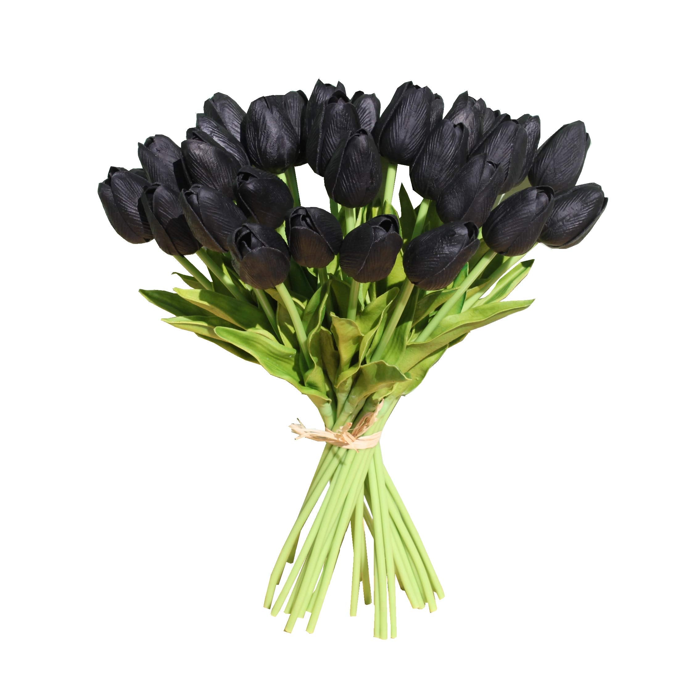 Mandy's 28pcs Black Artificial Tulip Silk Flowers 13.5" for Halloween in Bulk Home Kitchen Wedding Decorations