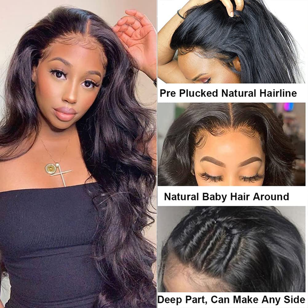 Body Wave Wig Lace Front Wigs Human Hair Wigs for Black Women 13x4 Glueless Lace Frontal Wigs Human Hair Lace Front Wigs Pre Plucked Bleached Knots 180% Density Natural Color Body Wave Wigs 26 Inch