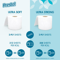 Amazon Brand - Presto! 2-Ply Toilet Paper, Ultra-Soft, Unscented, 24 Rolls (4 Packs of 6), Equivalent to 120 regular rolls