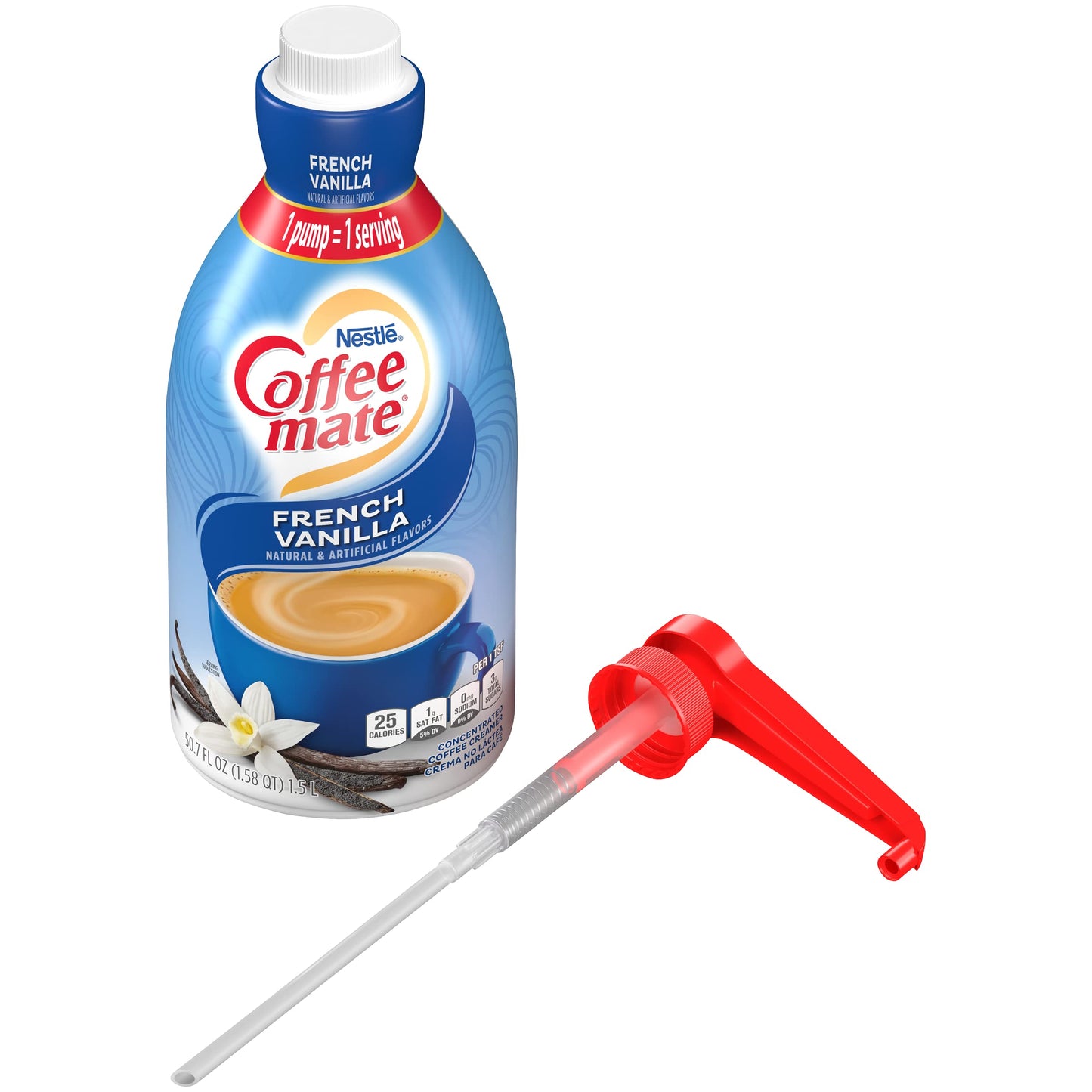 Coffee mate French Vanilla Liquid Concentrate, 1.5 Liter Pump Bottle (Pack of 3) with By The Cup Coffee Scoop