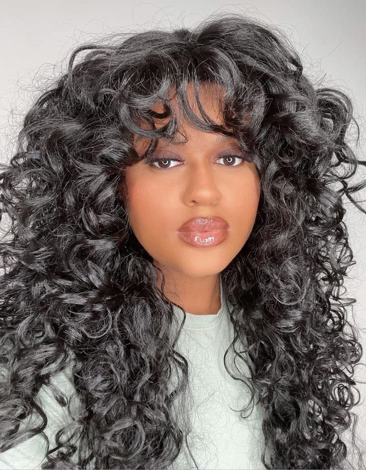 Annivia Curly Wig with Bangs for Black Women Black Kinky Long Curly Wig Synthetic Hair Daily Use Cosplay 17 Inch