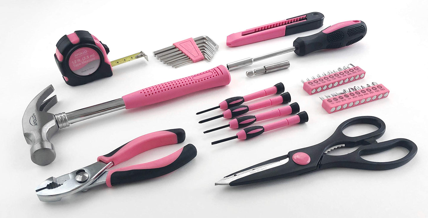 Apollo Tools Original 39 Piece General Household Tool Set in Toolbox Storage Case with Essential Hand Tools for Everyday Home Repairs, DIY and Crafts - Pink Ribbon - Pink - DT9706P