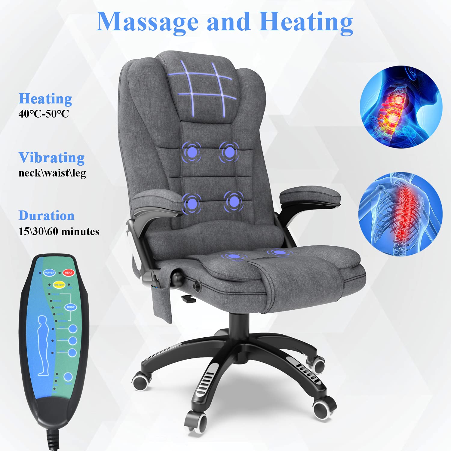 Ergonomic Massage Office Chair with Heated, Linen Fabric High Back