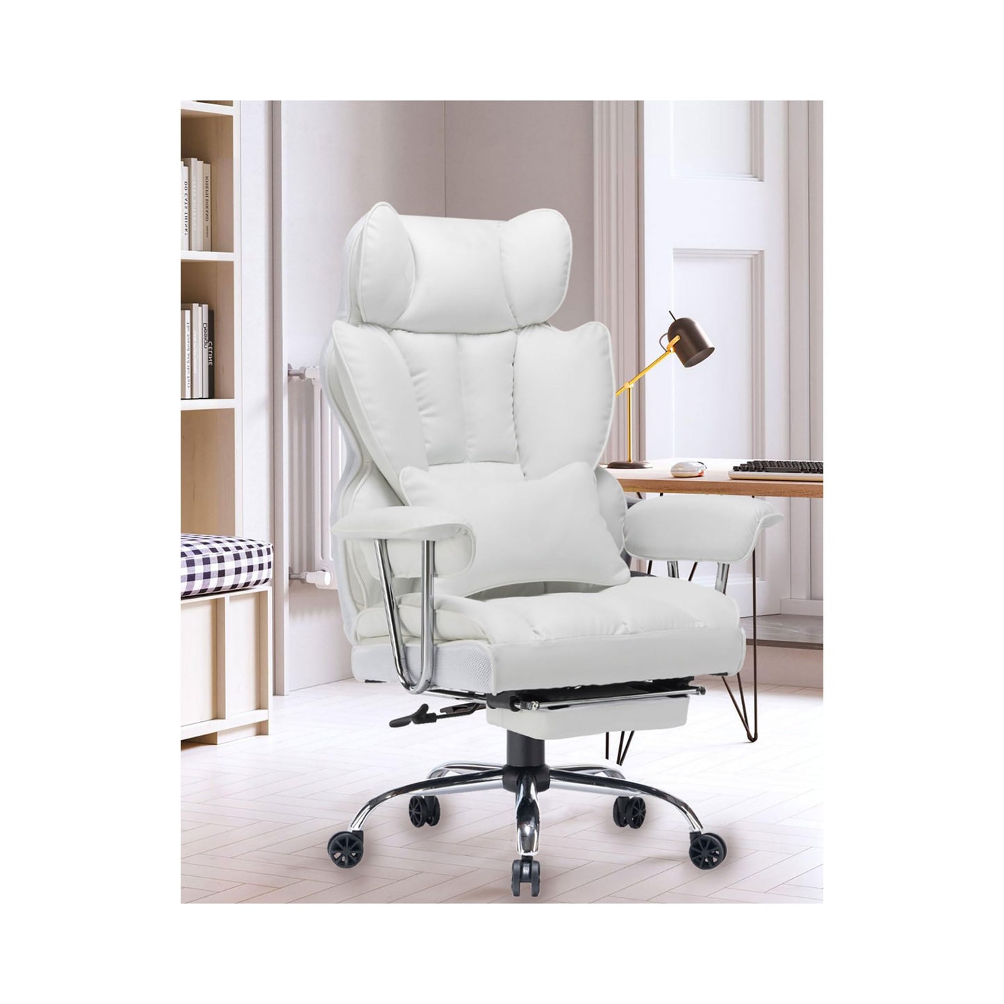 Efomao Desk Office Chair 400LBS,Big High Back PU Leather Computer Chair,Executive Swivel Chair with Leg Rest and Lumbar Support,White Office Chair