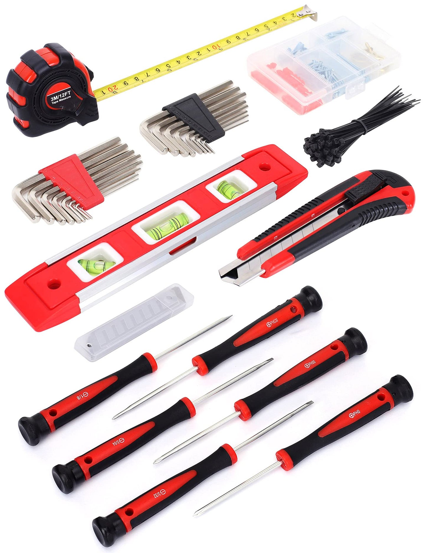 FASTPRO 215-Piece Home Repairing Tool Set with 12-Inch Wide Mouth Open Storage Bag,Household Hand Tool Kit,Red